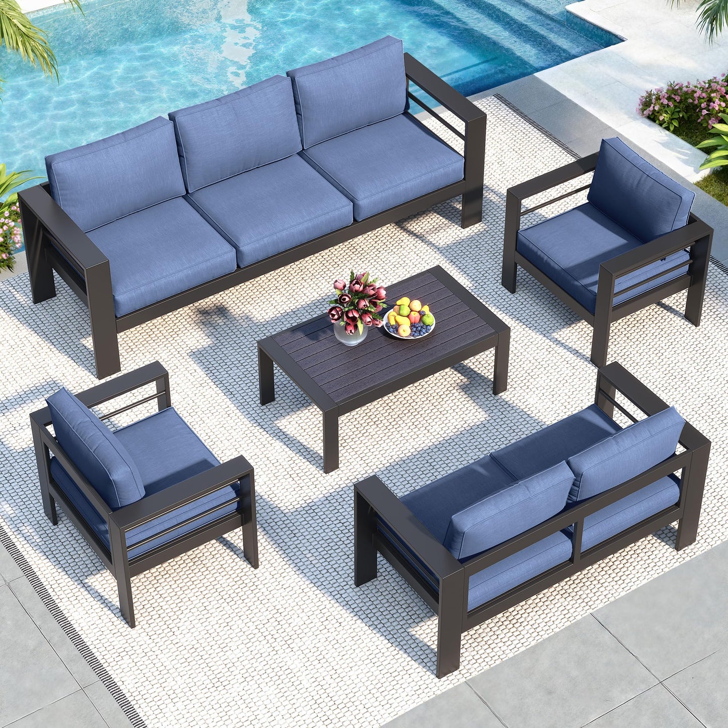 Solaste Aluminum Patio Furniture Set for All Weather, Modern Metal Outdoor Furniture Set with 27.5" Deep Seating and 3.2" Wide Armrest, Outdoor Patio Conversation Set with 10" Back Cushion, Blue