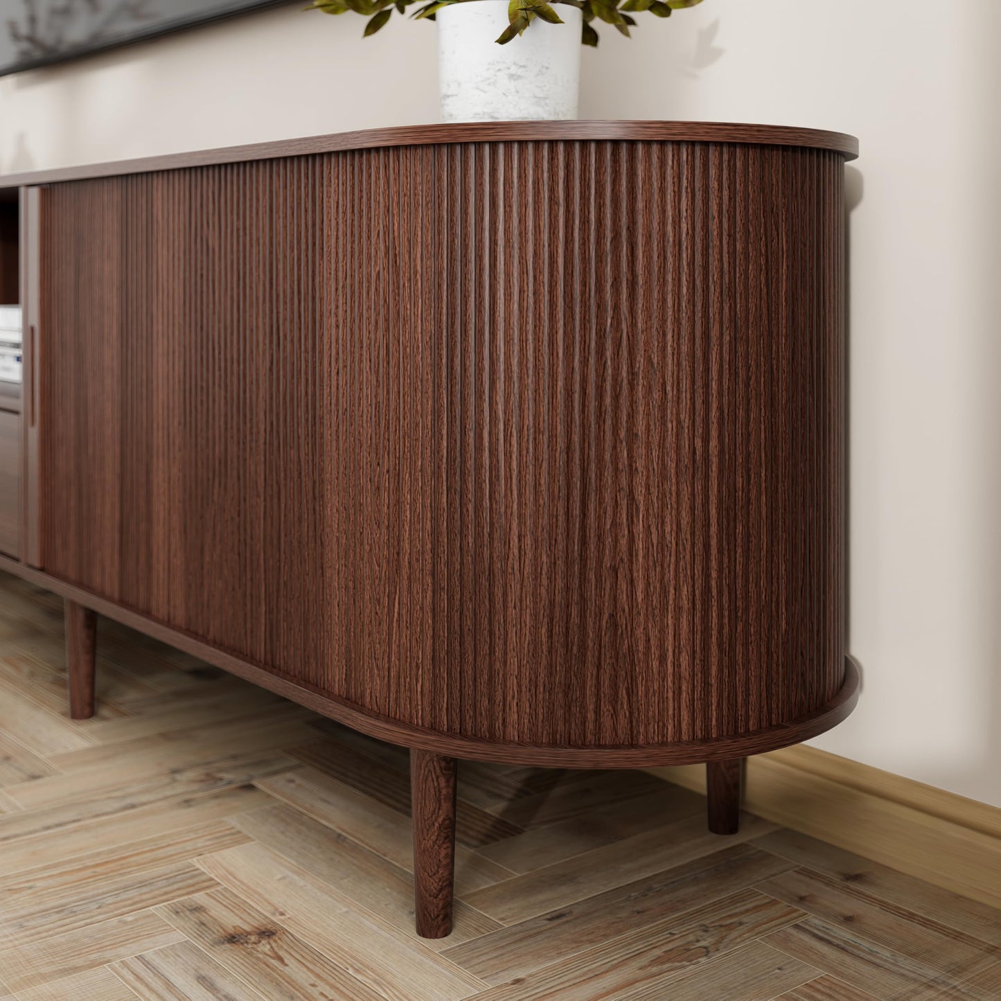 DHH 86.6" Fluted TV Stand with Power Outlet for TVs up to 90", TV Console with Adjustable Shelves and Sliding Door,Mid Century Modern Entertainment Center for Living Room,Bedroom (Walnut)