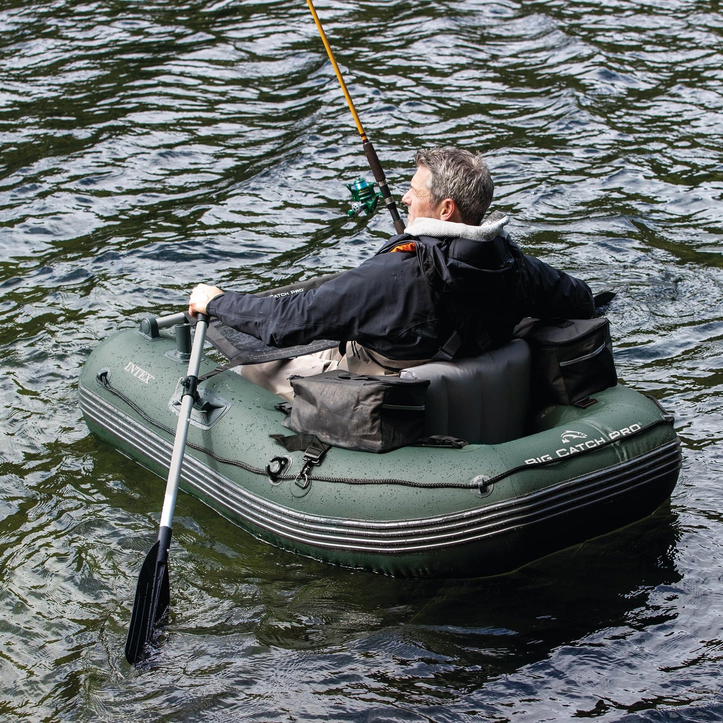 INTEX Big Catch Pro Inflatable Fishing Float Tube: Includes Deluxe 54in Boat Oars and High-Output Pump - Detachable Fishing Rod Holders - Mesh Fish Ruler - Heavy-Duty Backpack - 308lb Weight Capacity