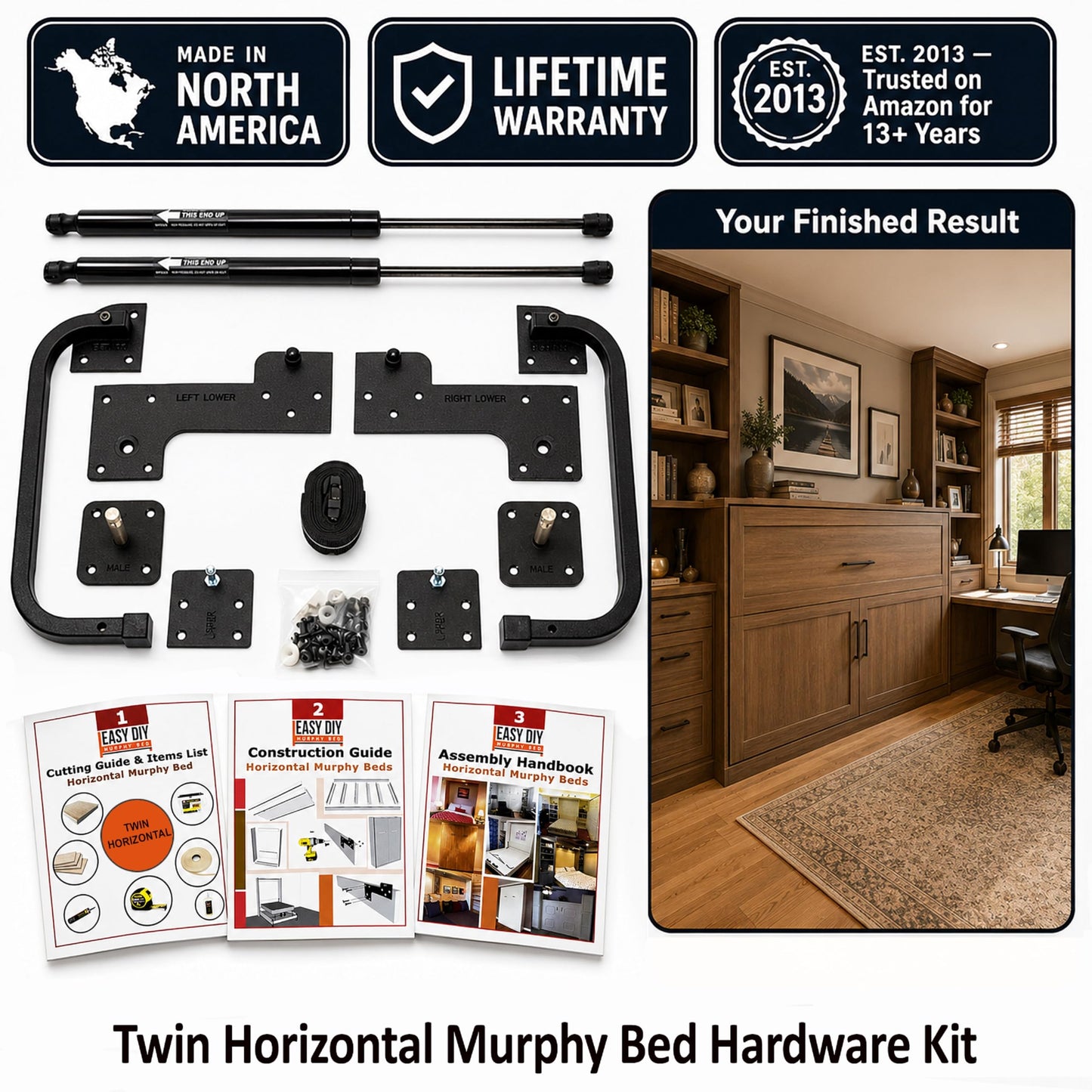 Twin Size Horizontal Murphy Bed Hardware Kit Side-Fold Wall Bed Frame DIY Twin Murphy Bed Kit with Gas Pistons +3 Step-by-Step Guides Made in North America Space-Saving Hideaway Bed