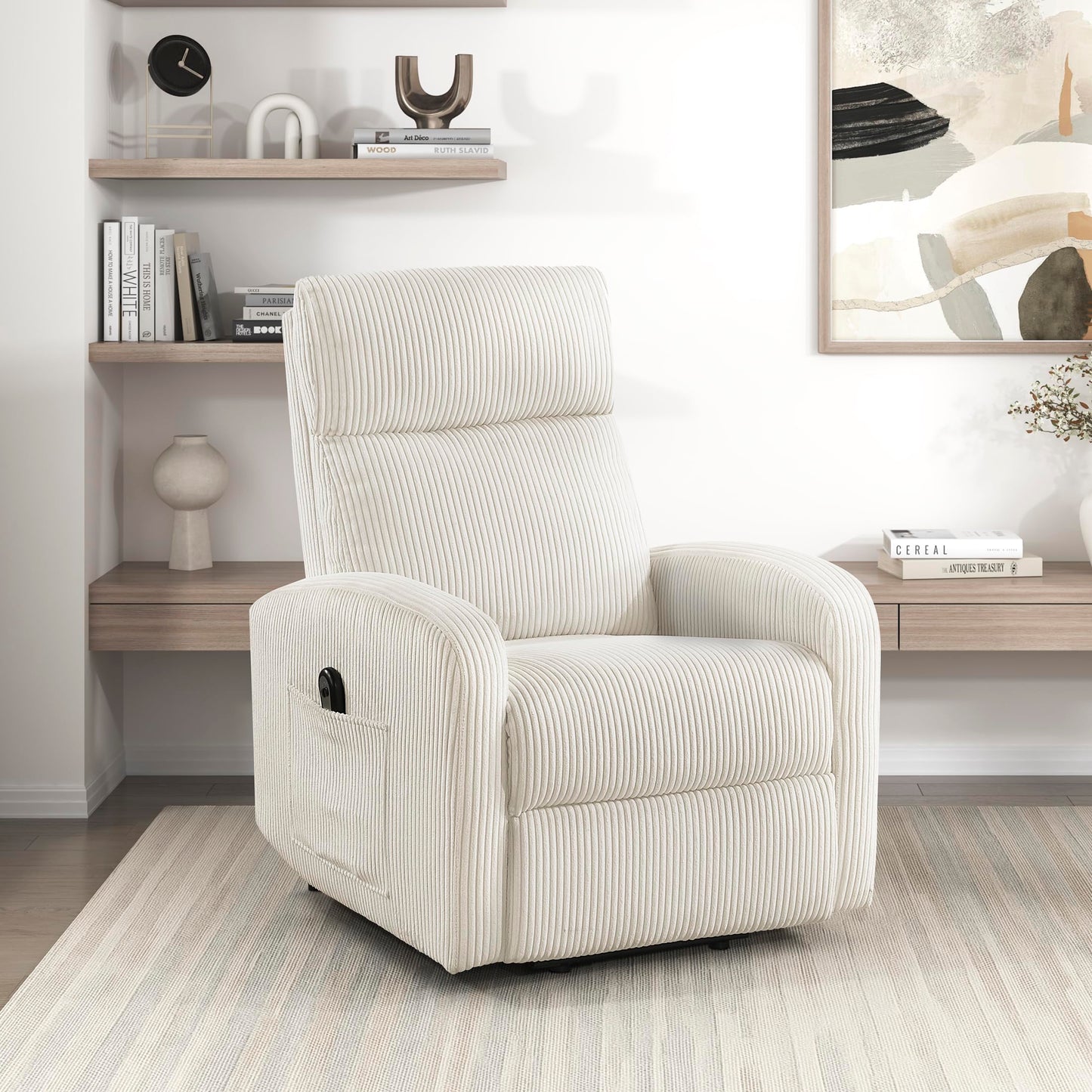 Lexicon Power Lift Recliner Chair for Elderly with Remote Control, Gentle Lift Motion, Side Pocket Armrest, Corduroy Upholstered Electric Recliner for Living Room/Bedroom, Easy Assembly, Beige
