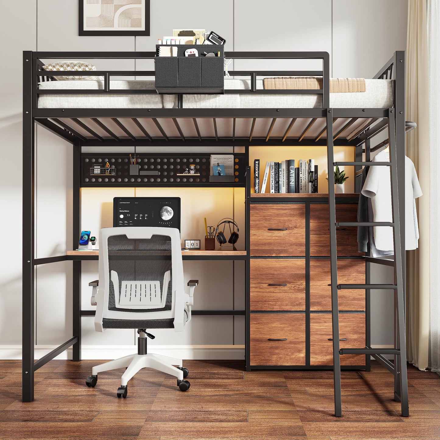 Decofy Twin Loft Bed with Desk and 6 Storage Drawers, Metal Twin Size Loft Beds with Charging Station, RGB LED Lights, and Pegboard & Hanging Rod for Kids, Teenager (Black)