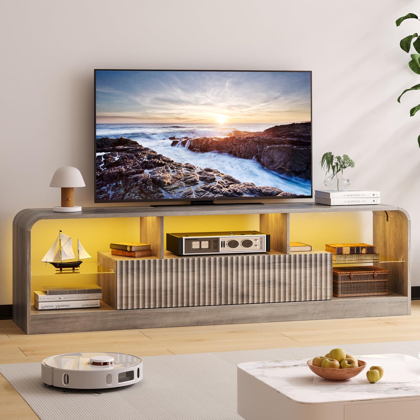ANYMAPLE TV Stand for 60/65/70 Inch TVs, Modern Curved TV Console with LED Lights, 2 Drawers & Glass Shelves, Living Room Entertainment Center