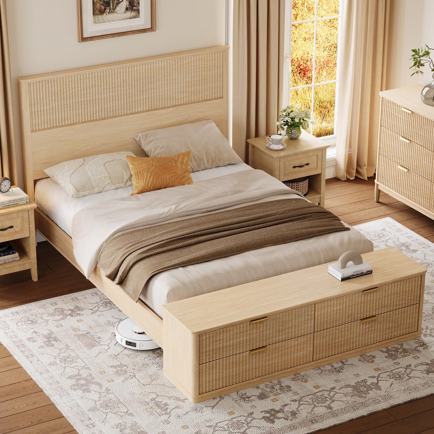 LINSY Storage Bed Frame Queen Bedframe with Drawers, Tall Bed Frame Queen-Size with Headboard and Footboard Bench, Fluted Boho Bed Frames Wooden Platform Beds with Storage, No Box Spring, Light Wood