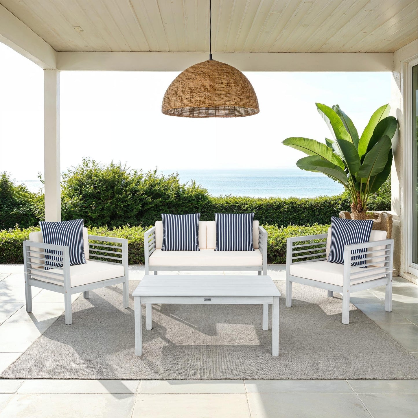 SAFAVIEH Outdoor Collection Alda Grey / Beige Cushions/ Striped Pillows 4-Piece Conversation Patio Set