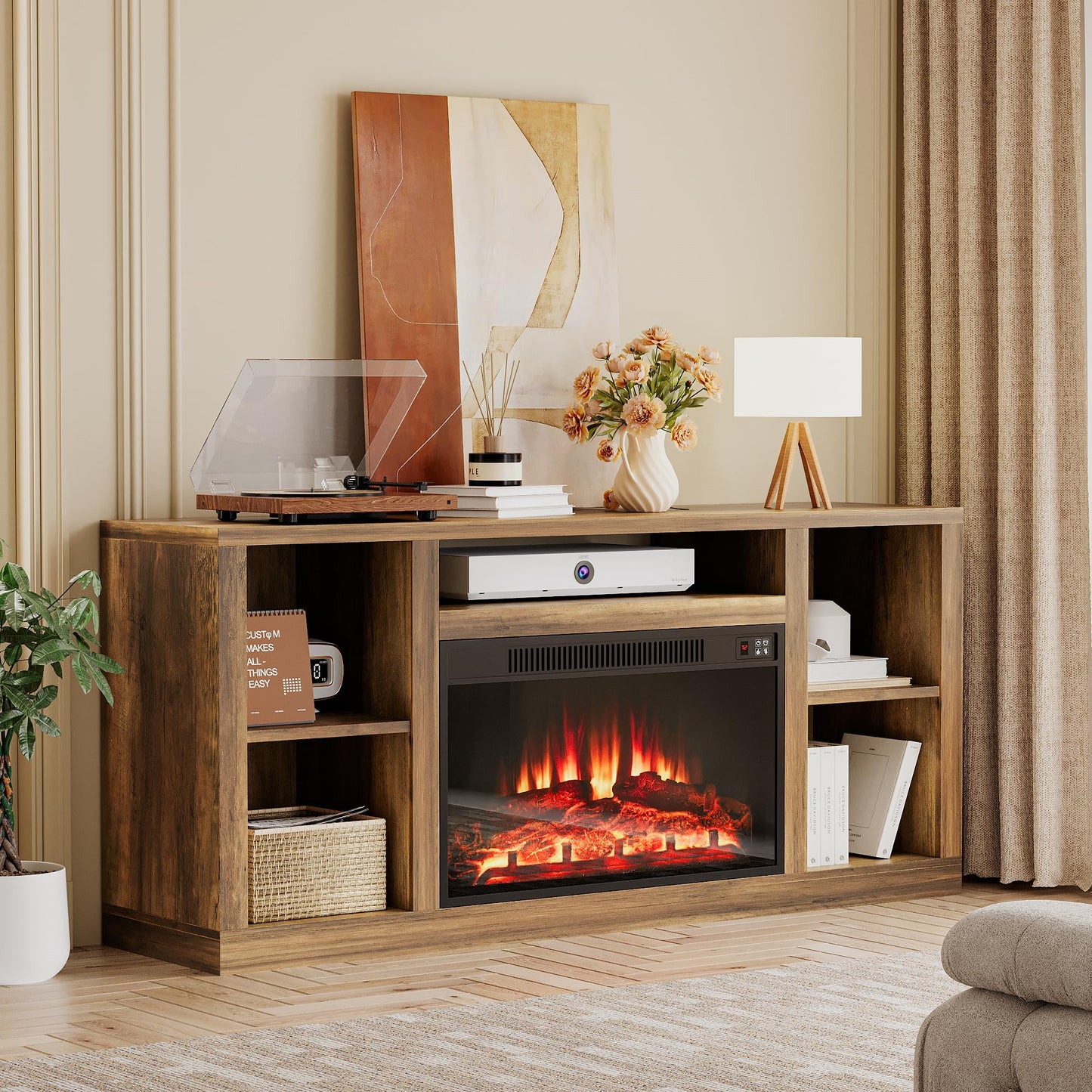 YESHOMY Electric Fireplace TV Stand for Televisions up to 65+ Inch, Mid Century Modern Media Entertainment Center Console Table with Four Open Storage Shelves & Cabinets, 58 Inch, Yelloe Barnwood