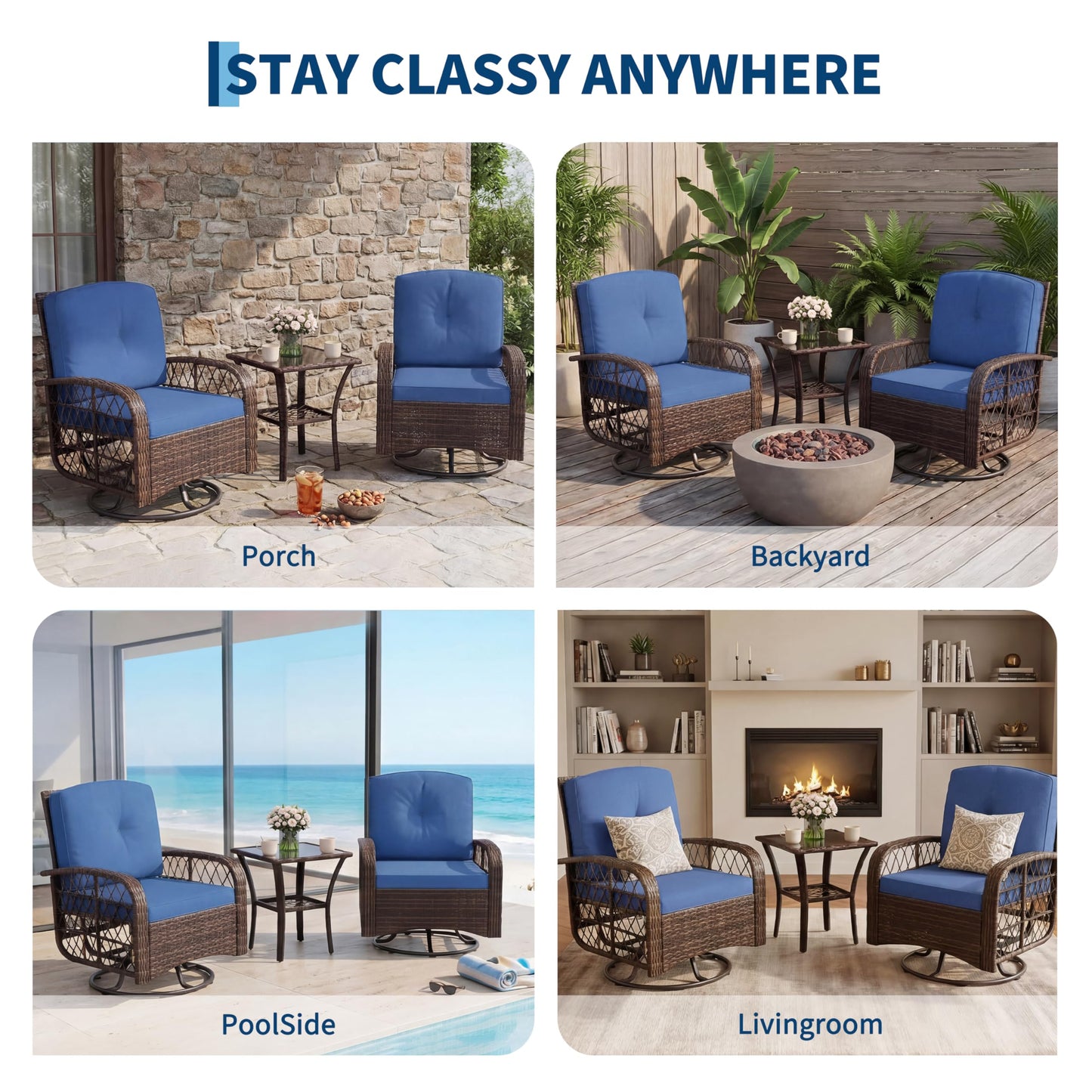 GarveeLife 3 Piece Swivel Wicker Patio Furniture Set, Outdoor Rattan Swivel Chairs with Side Table, All-Weather Conversation Set for Patio, Deck or Backyard, Brown Gradient Wicker with Blue Cushions
