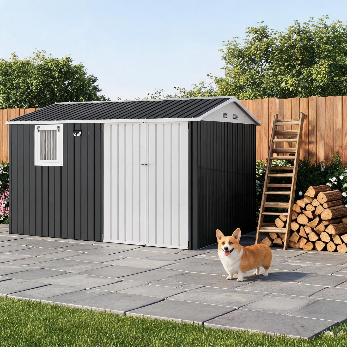 JoanKaren 10x8FT Outdoor Storage Shed with Pushable Window, Solar LED Lamp and Built-in Pegboard, Metal Garden Shed with Sloping Roof, Lockable Doors, Steel Tool Shed for Backyard Patio, Black