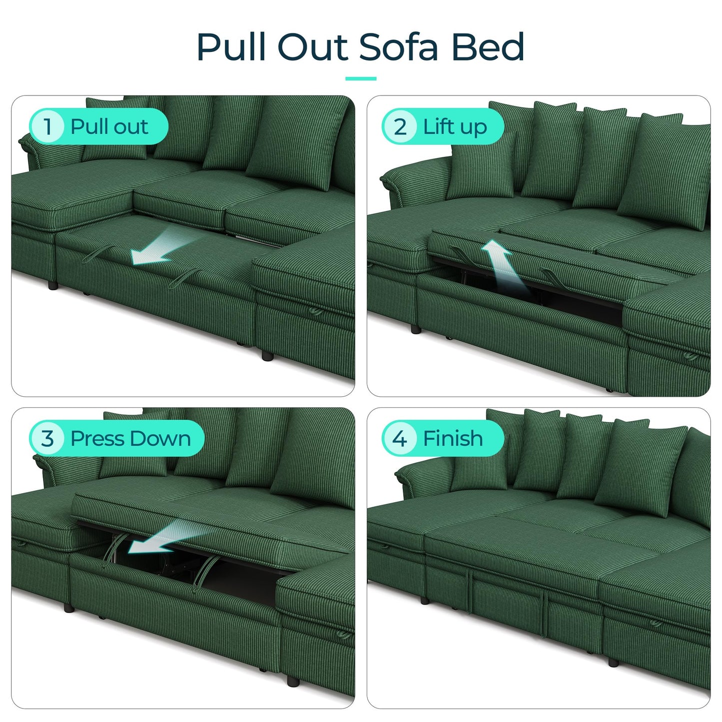 LINSY HOME Oversized Sectional Sleeper Sofa with Pull Out Couch Bed (Green, 118.5'')