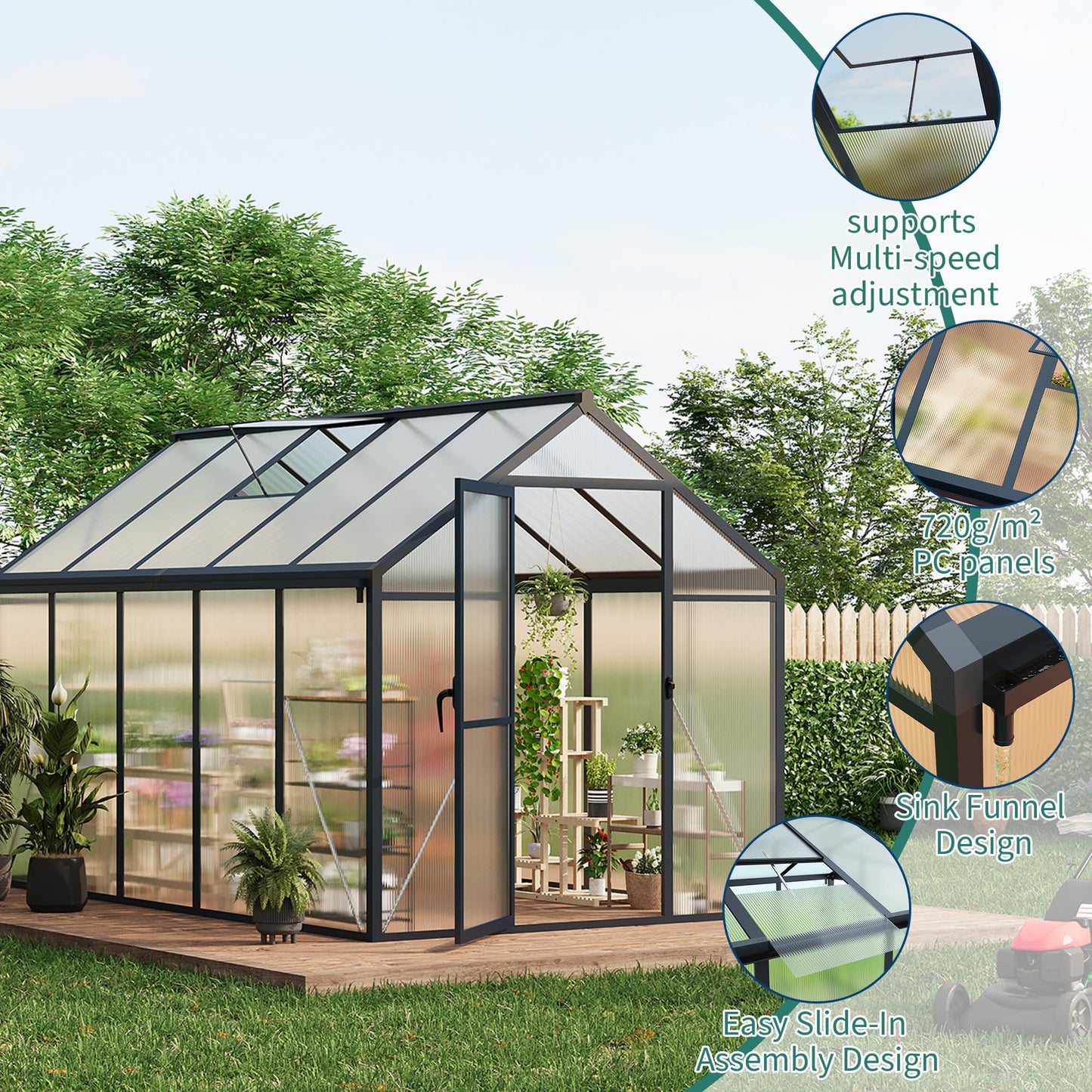 Garvee 6x10ft Greenhouse, Large Walk-in Greenhouse for Outdoors with Roof Vent & Lockable Outward-Opening Swing Door, Heavy Duty Aluminum Frame Polycarbonate Green House for Garden,Backyard,Lawn,Grey