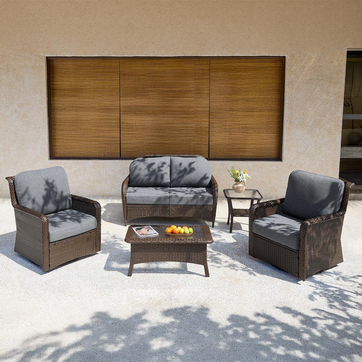 Tribesigns 5-Piece Outdoor Wicker Patio Furniture Set with 2 Swivel Chairs, 1 Loveseat & 2 Tables, Wicker Patio Chair Set with 26.8'' Deep Seat, Luxury Conversation Set for Porch, Yard, Brown/Gray