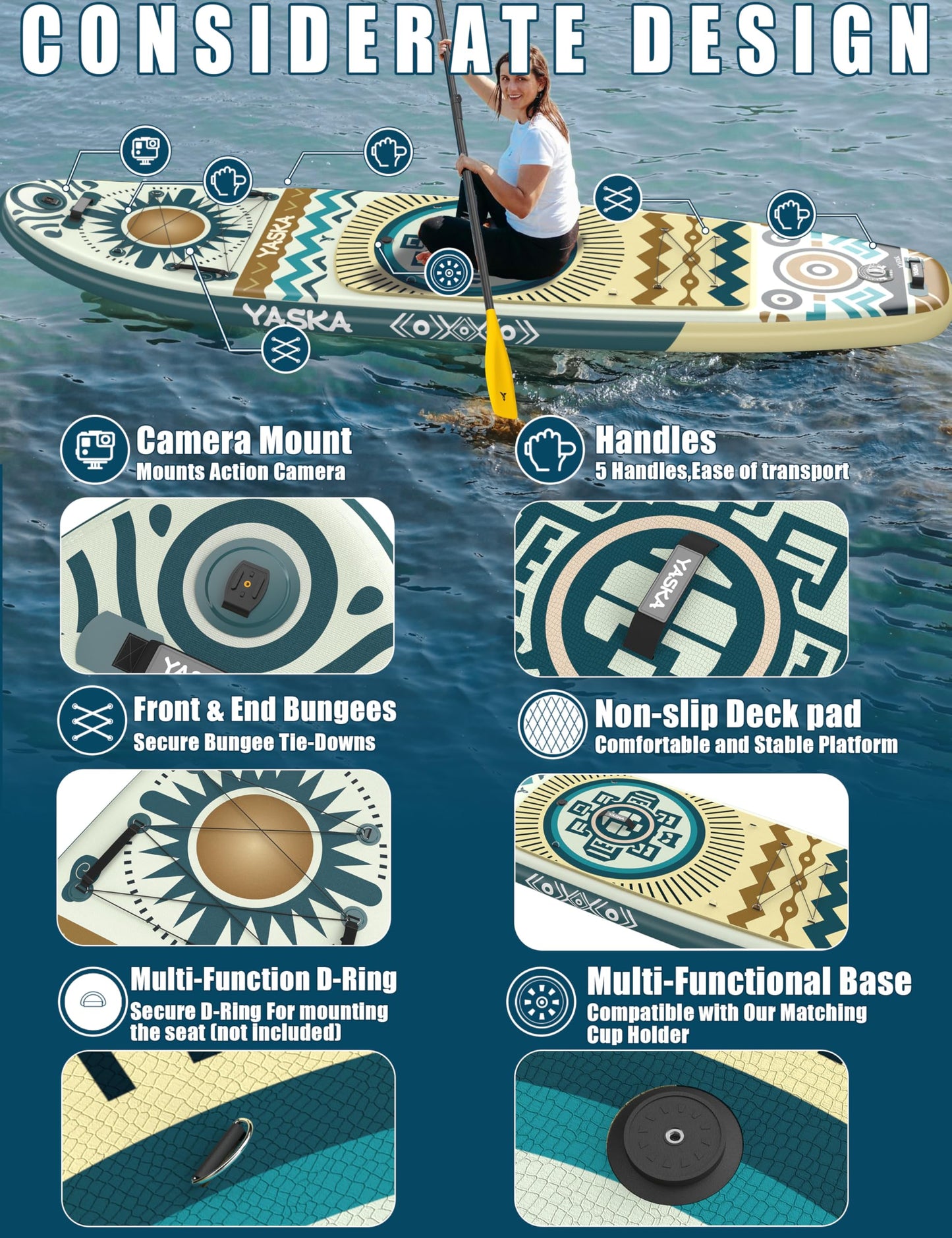 YASKA Inflatable Stand up Paddle Board 11ft with Premium SUP Accessories,Extra Wide Design Non-Slip Paddleboard for Beginner Adults Advenor Yoga Fishing