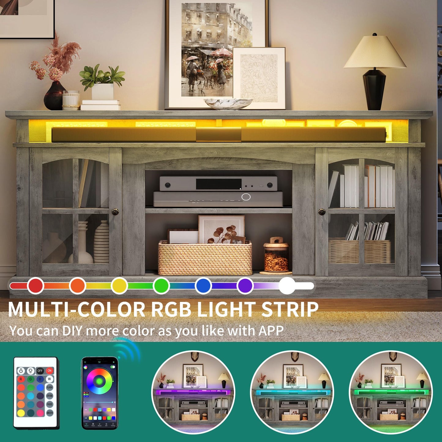YITAHOME LED Farmhouse TV Stand for 75 Inch w/Outlets, Modern Entertainment Center with Glass Doors and Adjustable Storage Shelves, Media Console TV Cabinet for for Living Room, Grey