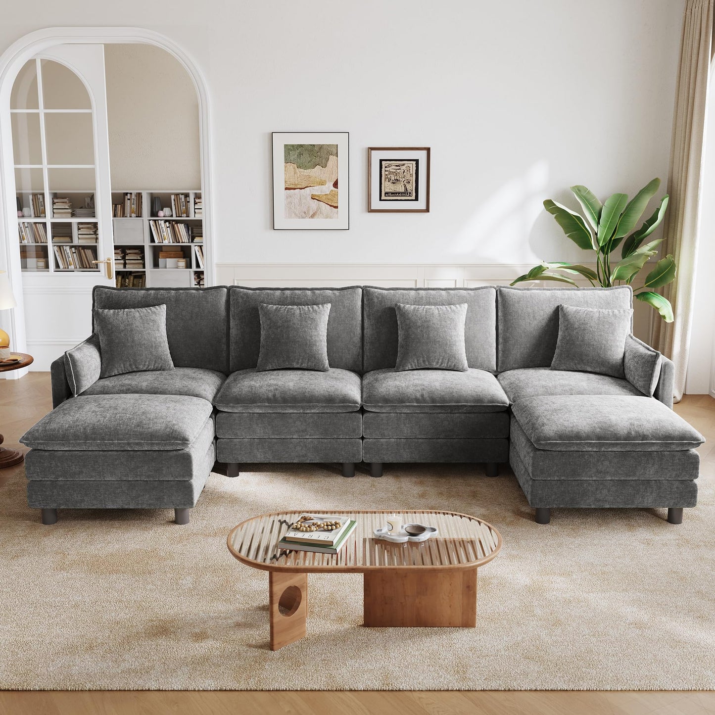 LINSY HOME 129'' Modular Sectional Sofa 4 Seat Couch Chenille Cloud Couch with Deep Seat, U Shaped Couch with 2 Movable Ottoman for Living Room, Office, Bedroom, Grey(Pillows Included)