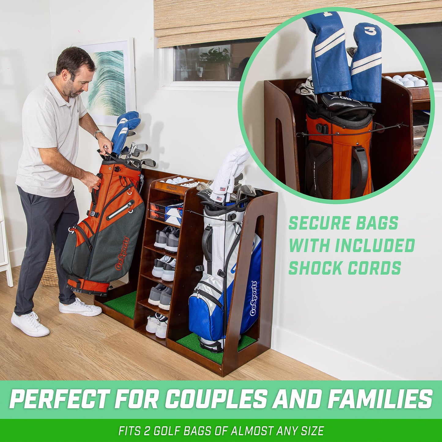 GoSports Premium Wooden Golf Bag Organizer and Storage Rack - Choose Your Style