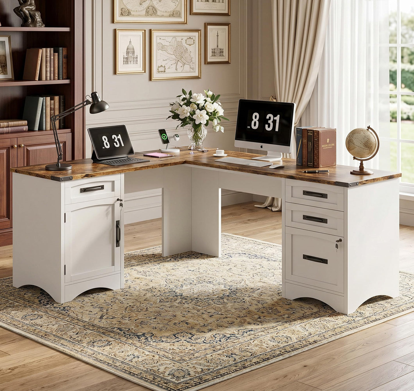 Decofy 67" Farmhouse L Shaped Standing Desk with Drawers Home Office Executive Desks with Fast Charging Station, Lockable File Cabinet, Wood Writing Computer Desk for Work, Study, White