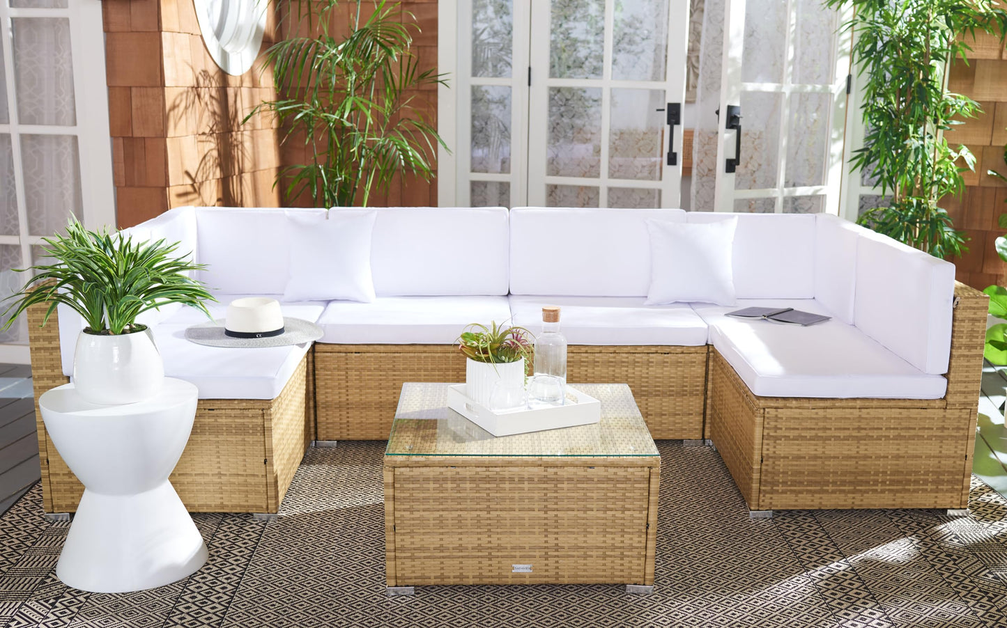 SAFAVIEH Outdoor Collection Diona Natural/White Wicker Conversation Patio Set