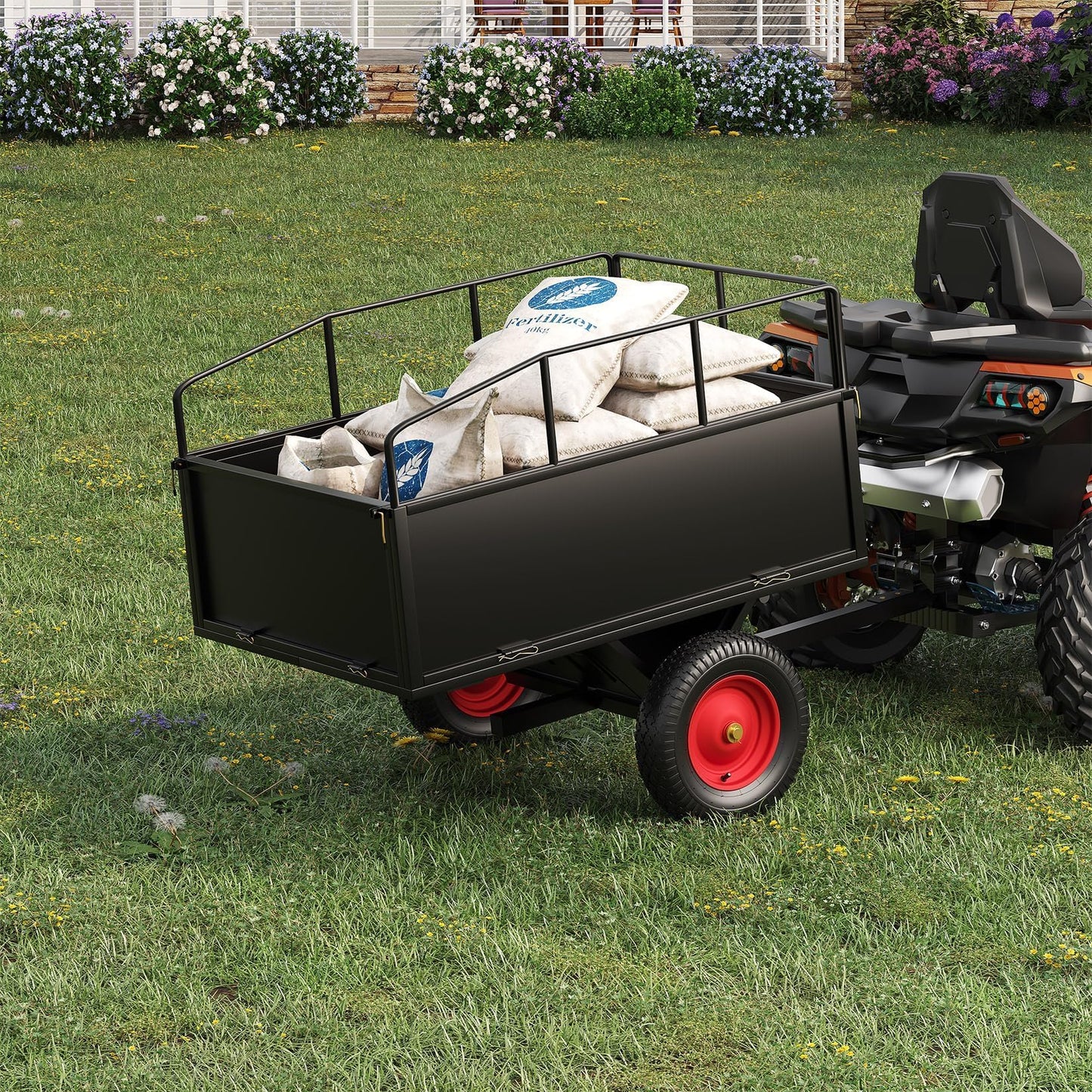 750 lbs 17 Cubic Feet Steel Dump Cart Trailer with Removable Sides, All Terrain Tires for Lawn Mower, Tractor, ATV | Heavy Duty Yard Garden & Farm Utility Trailer for Hauling Rocks, Soil, Debris