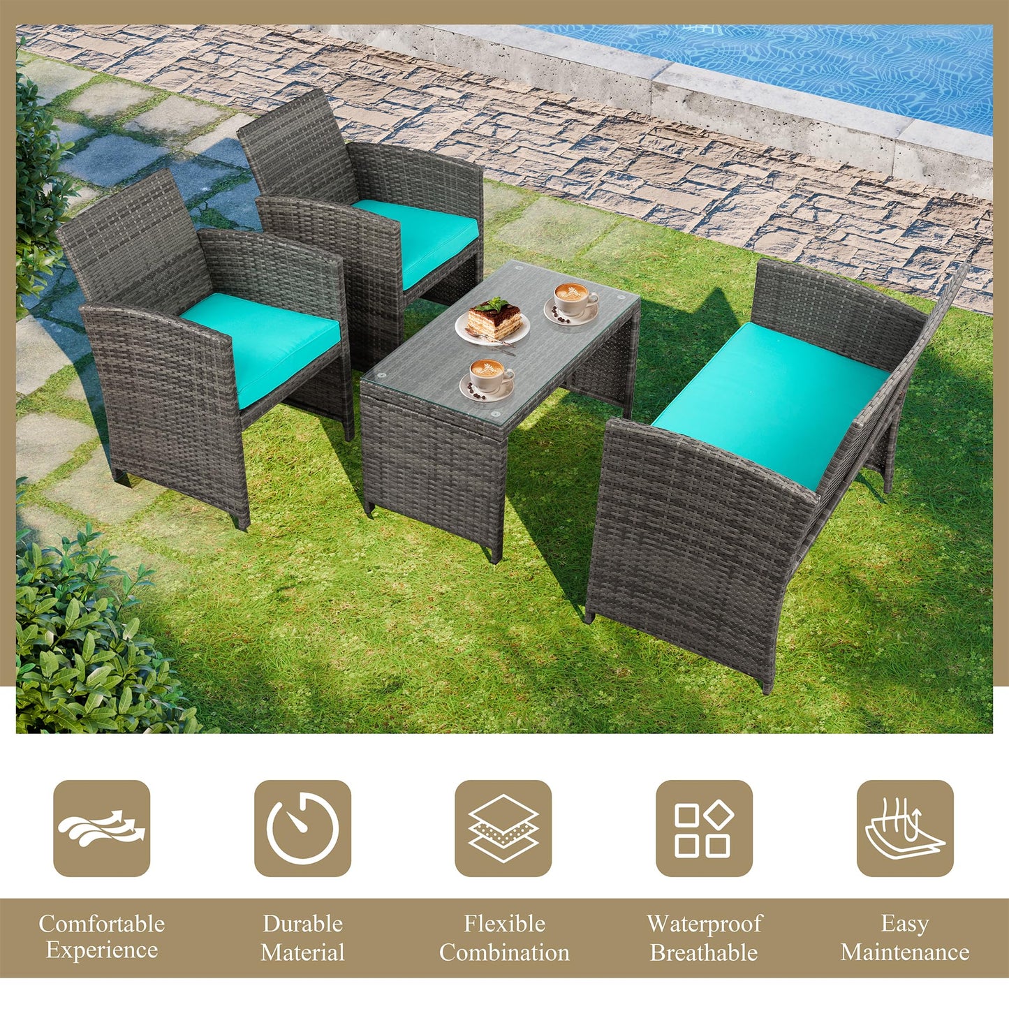 JAMFLY 4 Piece Outdoor Patio Furniture Set, Outdoor Wicker Rattan Chairs Conversation Sets with Cushions & Coffee Table for Outside, Garden, Balcony, Porch, Blue