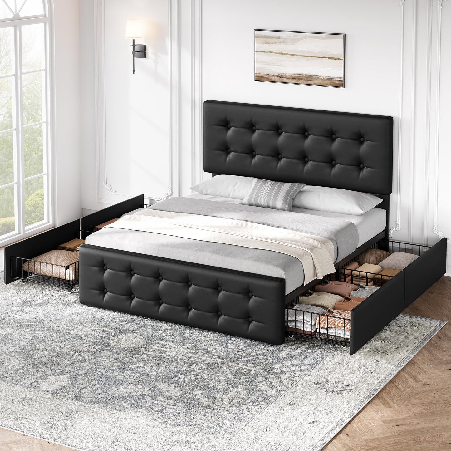 IDEALHOUSE Queen Size Bed Frame with 4 Storage Drawers and Headboard, Faux Leather Upholstered Platform Bed Frame with Wooden Slats Support, Button Tufted Design, No Box Spring Needed, Black