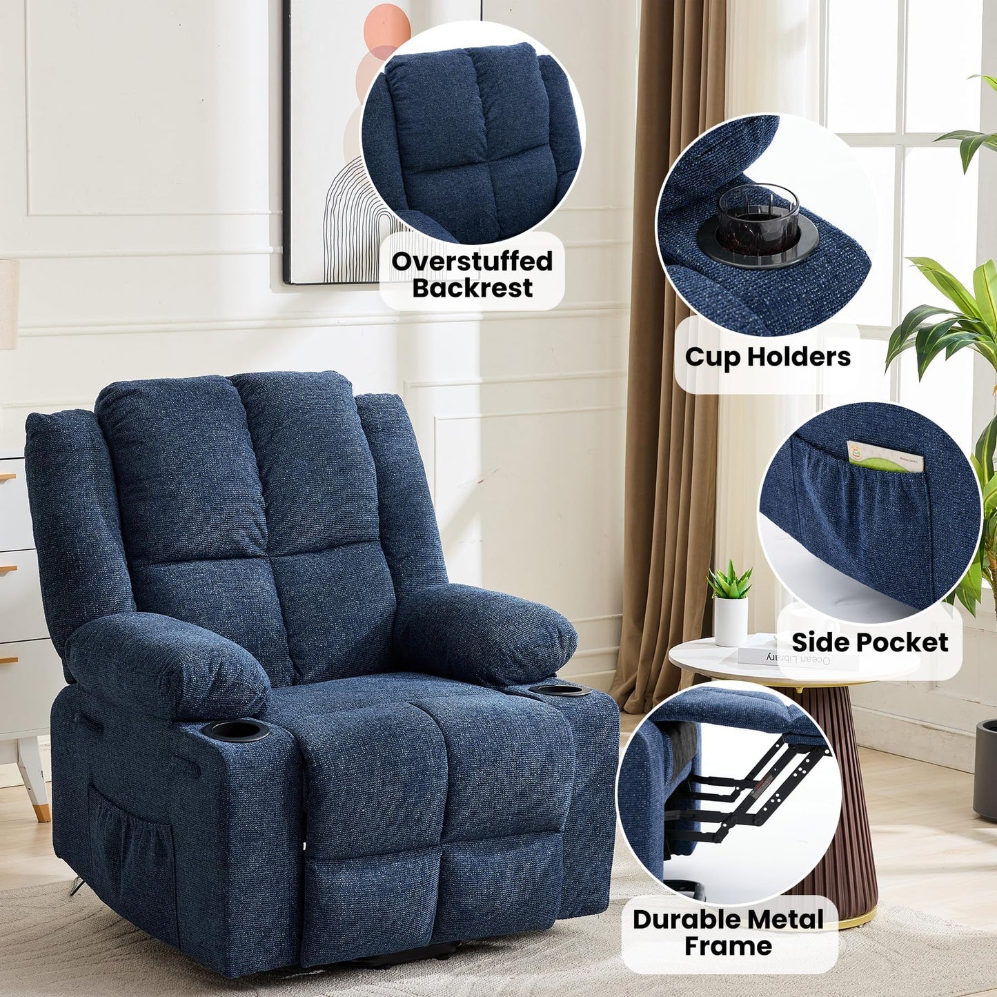 MilleLoom Oversized Power Lift Recliner Chair for Elderly with Vibration Massage and Lumbar Heating,150°Adjustable Lay Flat Lift Chair Electric Recliner Chairs,Stand Assist for Living Room,Dark Blue
