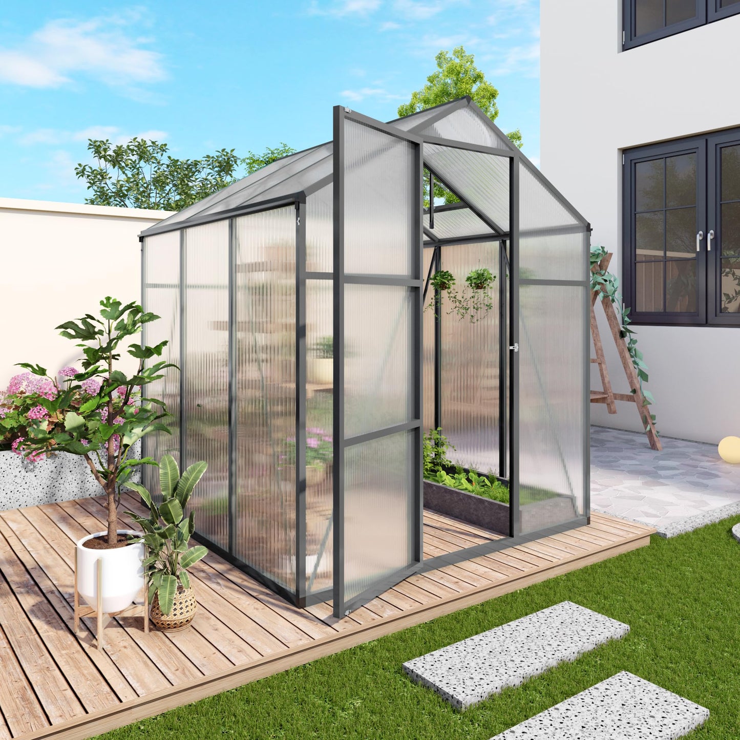 Walk-in Greenhouse 6x14FT, Heavy-Duty Aluminum Frame Polycarbonate Green House Kit, UV Resistant Plant Shelter with Vent Windows & Drainage System, Outdoor Garden Greenhouse for Vegetables Flowers