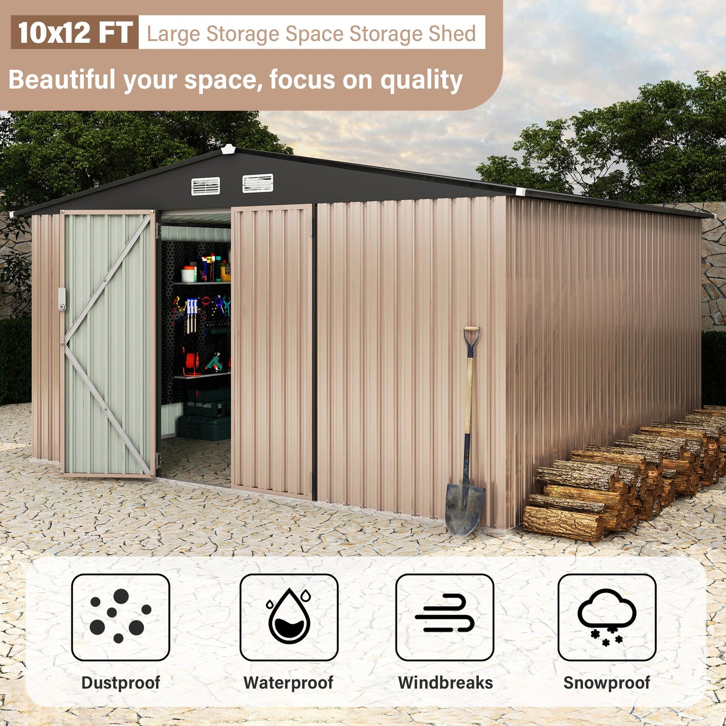 12X10 ft Outdoor Metal Storage Building, Outdoor Shed with Secure Lockable Door & Air Ventilation System, Premium Metal Tool Shed for Garden, Backyard, Patio, Ideal for Lawn Equipment & Tools