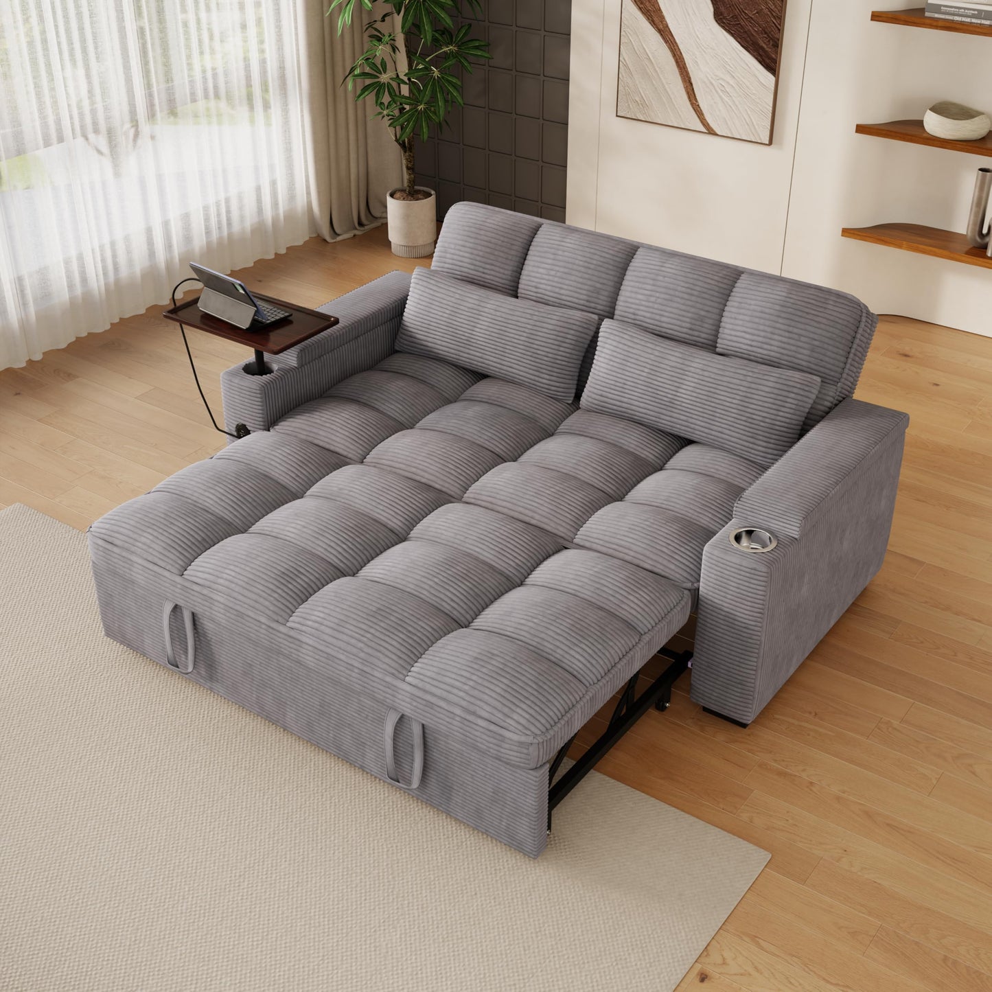 KEIKI 65" 3-in-1 Convertible Sofa Bed, Space-Saving Pull-Out Sleeper Loveseat with 360° Swivel Table, USB Charging Ports & Hidden Storage, Premium Ribbed Corduroy Couch for Apartments