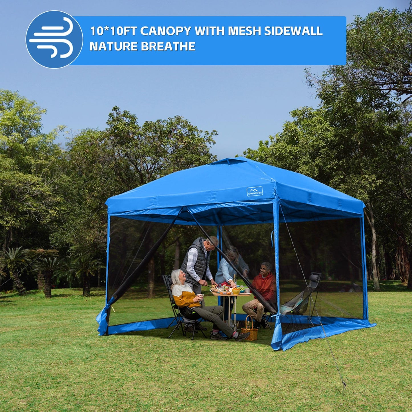 KAMPKEEPER 10x10 Pop-Up Canopy Tent, Waterproof, Portable Shade with Side Walls, Adjustable Instant Outdoor Shelter for Camping, Backyard, and Events, Light Blue