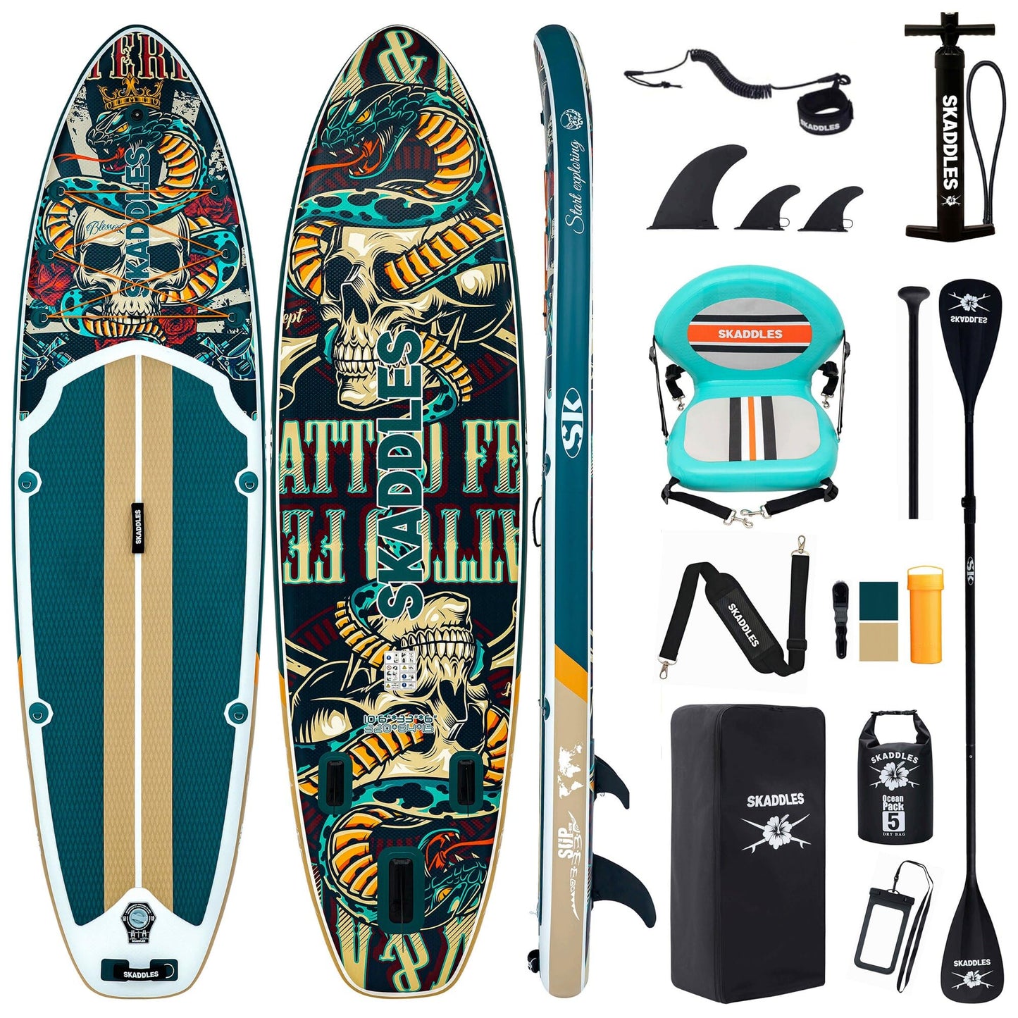 SKADDLES 10’6’’ Inflatable Stand Up Paddle Board (SUP) for Adults and Youth with Non-Slip Deck – Complete Accessories Kit, for Fishing, Yoga, Fitness & Family Fun (Retro Skullz/seat)