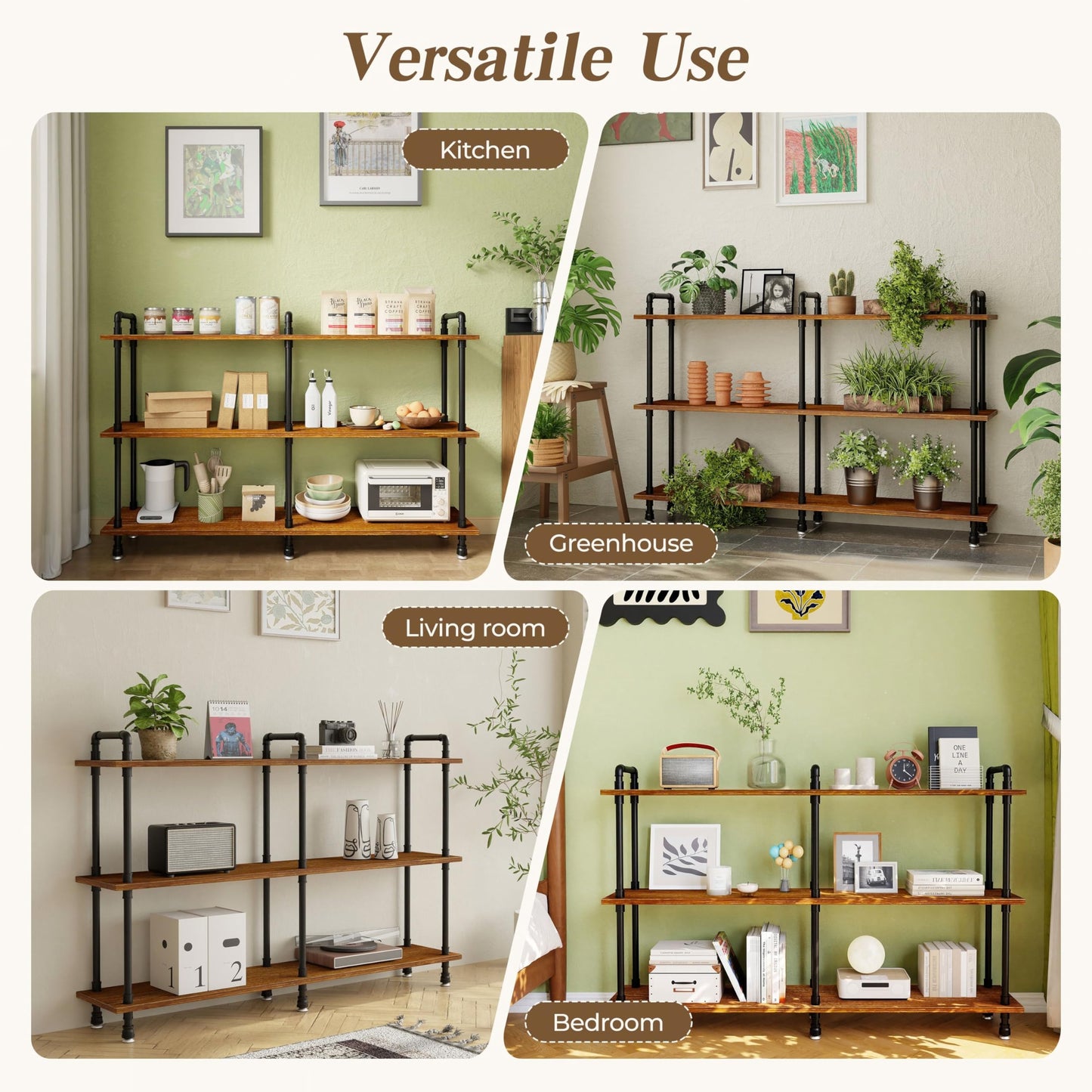 Industrial Bookshelf, Rustic Open Bookcase, 3 Tier Wide Wood and Metal Bookshelf, Solid Pine Wood and Iron Pipe Long Storage Shelf Wide Open Storage Shelf for Living Room Office Bedroom Kitchen