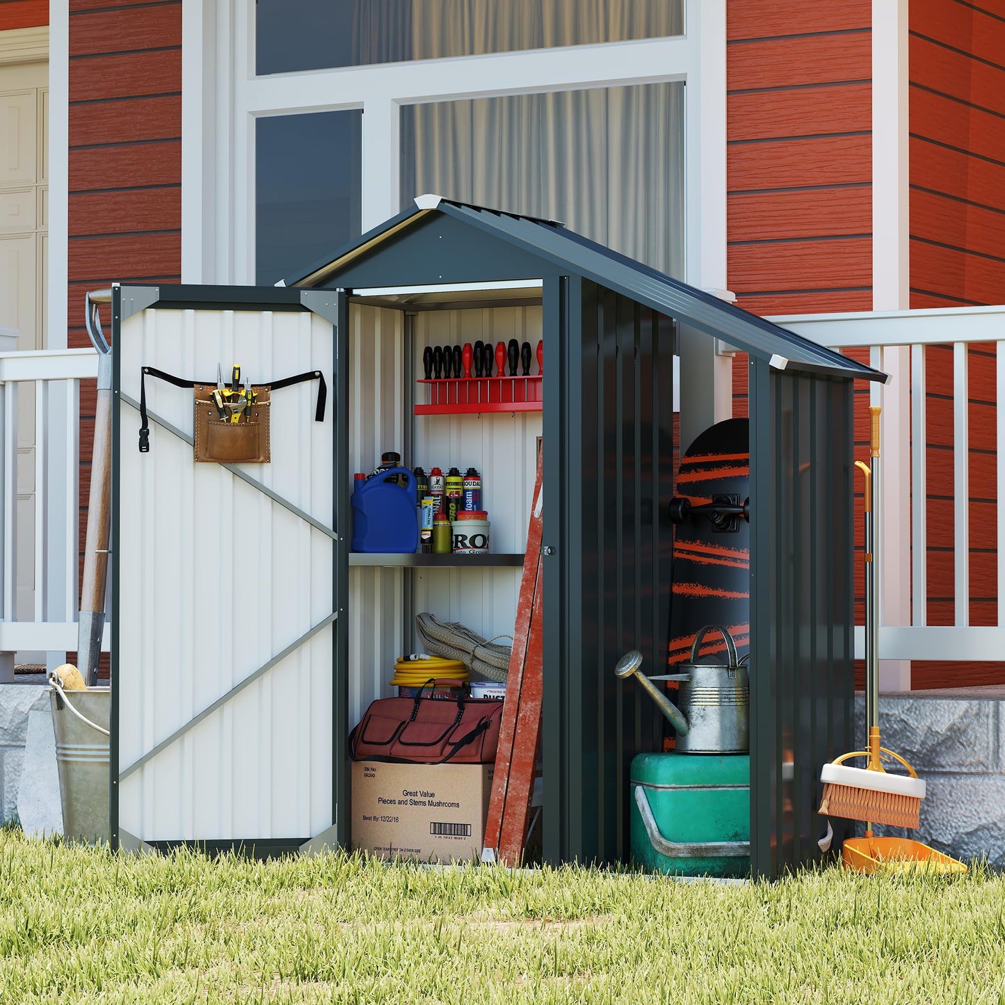 YOPTO Storage Shed,Iron 2-in-1 Storage Cabinet with A Solid Lock System and Sloped Roof,Outdoor Firewood Shed w/Waterproof,Garden Tool House for Lawnmowers,firewood,Dark Gray