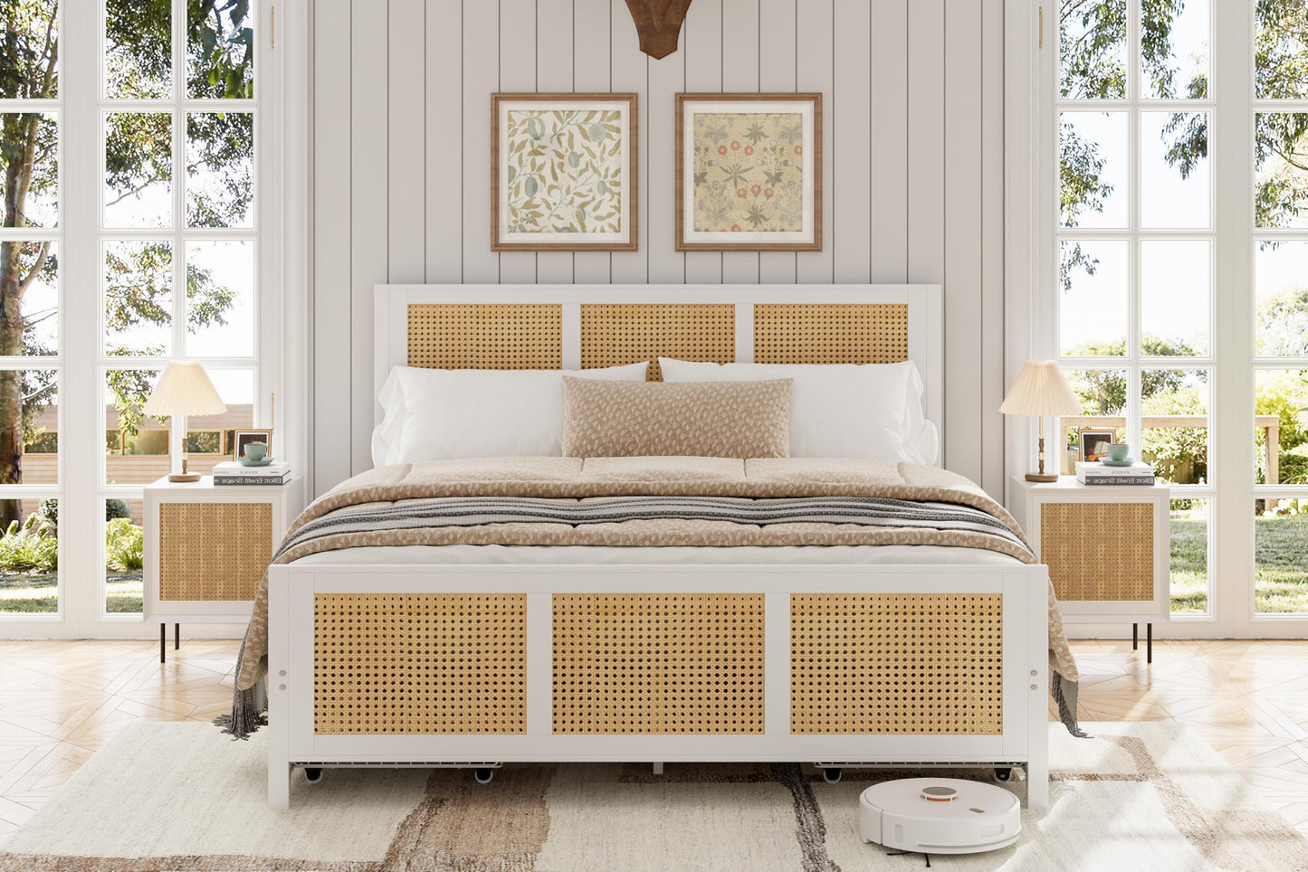 Garvee Rattan Full Bed Frame with LED Headboard (7 Colors), Boho Cane Platform Bed with 4 Large Drawers, Strong Metal Slats Support, Noise Free, No Box Spring Needed, Easy Assembly, White