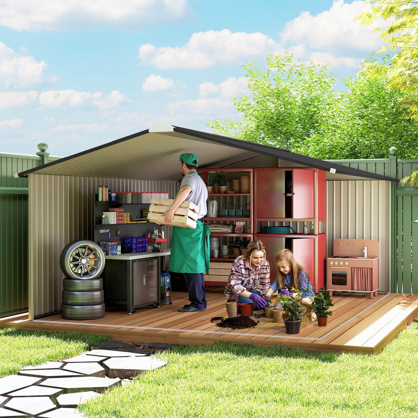 Outsunny 11' x 13' Outdoor Storage Shed, Garden Tool Metal Shed with Foundation Kit, Double Lockable Door, Air Vents and Sloping Roof, for Backyard, Patio, Lawn, Brown