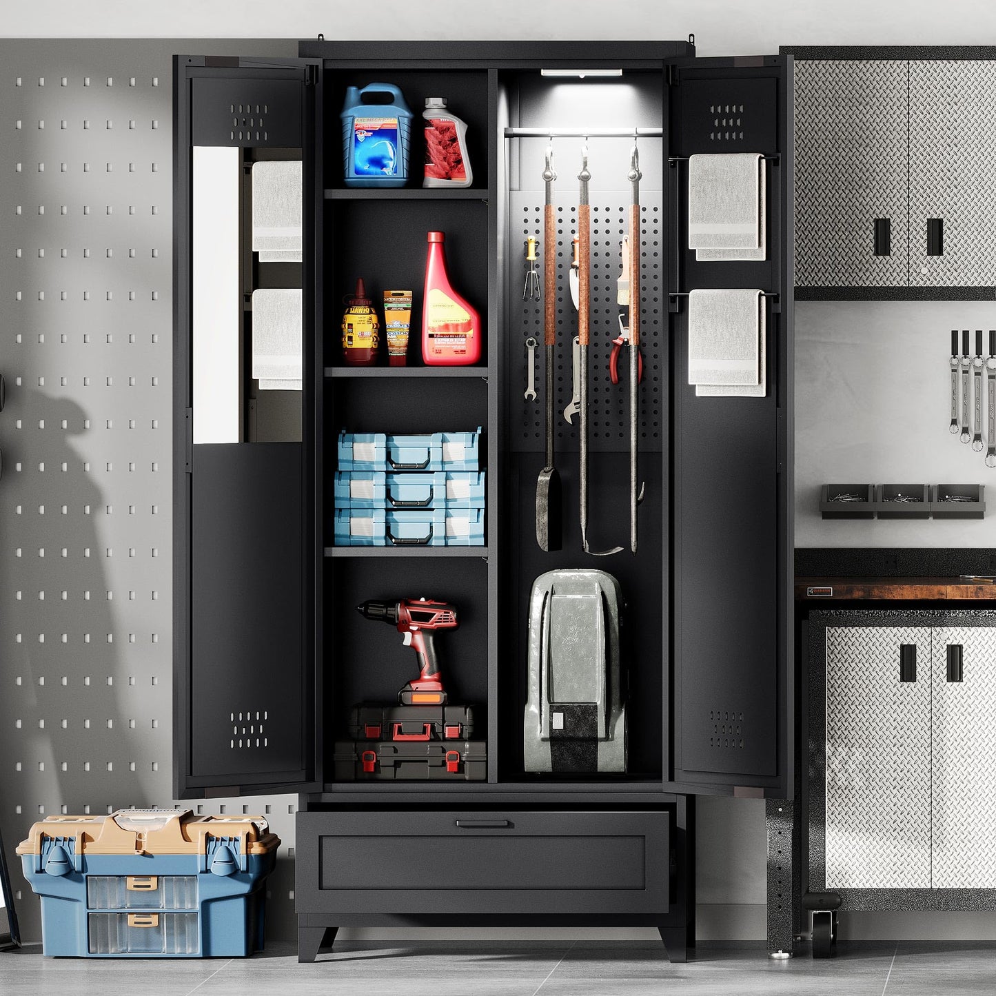 YITAHOME 71" Metal Garage Broom Cabinets with Adjustable Shelves, Vacuum Storage Cabinet with Doors and Drawer, Tool Storage Cabinet for Gym, Basement, Warehouse, Black