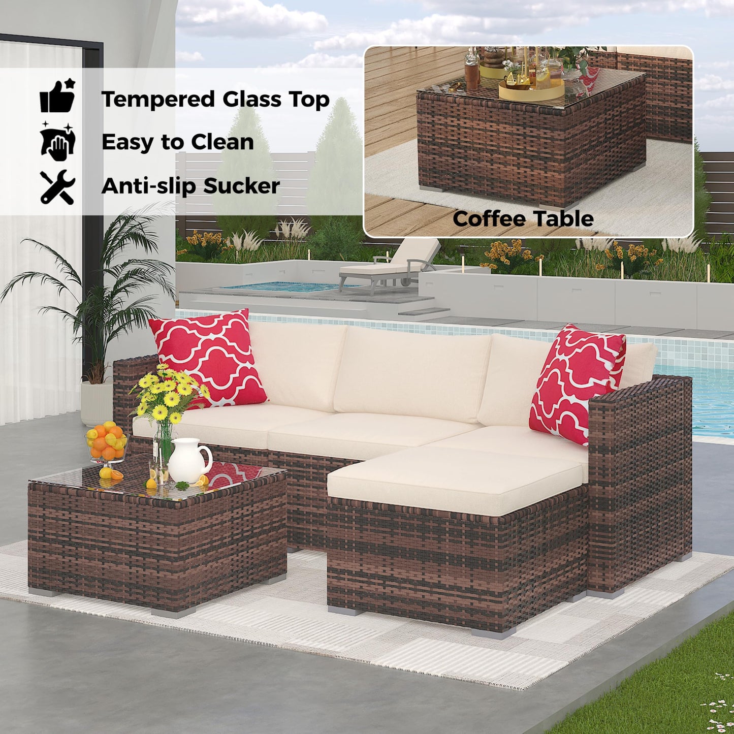 Garvee 5 Pieces Patio Furniture Set, Outdoor Glass Table and Cushions with Rattan Wicker Chairs, Patio Furniture Set for Porch, Balcony, Backyard, Garden, Gray & Blue