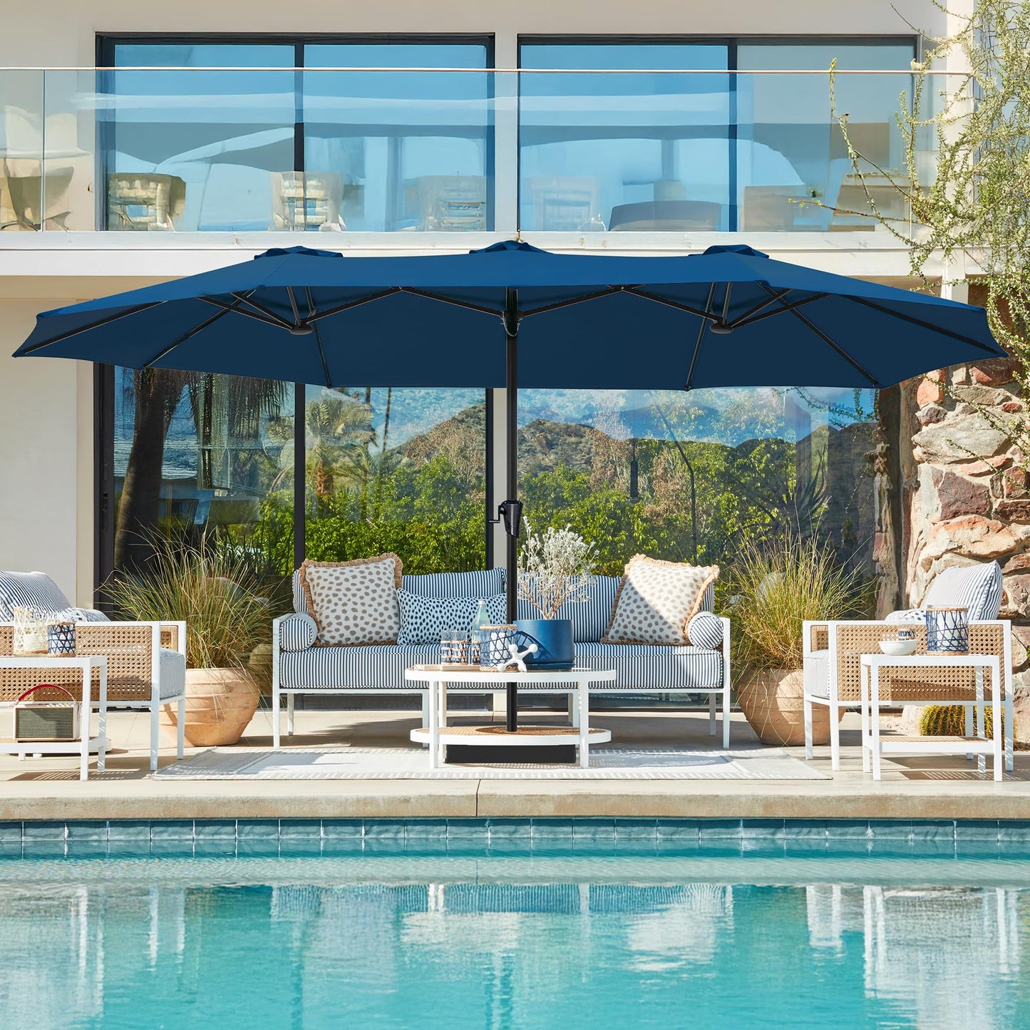 SUPERJARE 15FT Outdoor Patio Umbrella with Base Included, Double Sided Pool Umbrellas with Fade Resistant Canopy, Extra-Large Table Umbrella for Deck, Market, Backyard, Navy Blue
