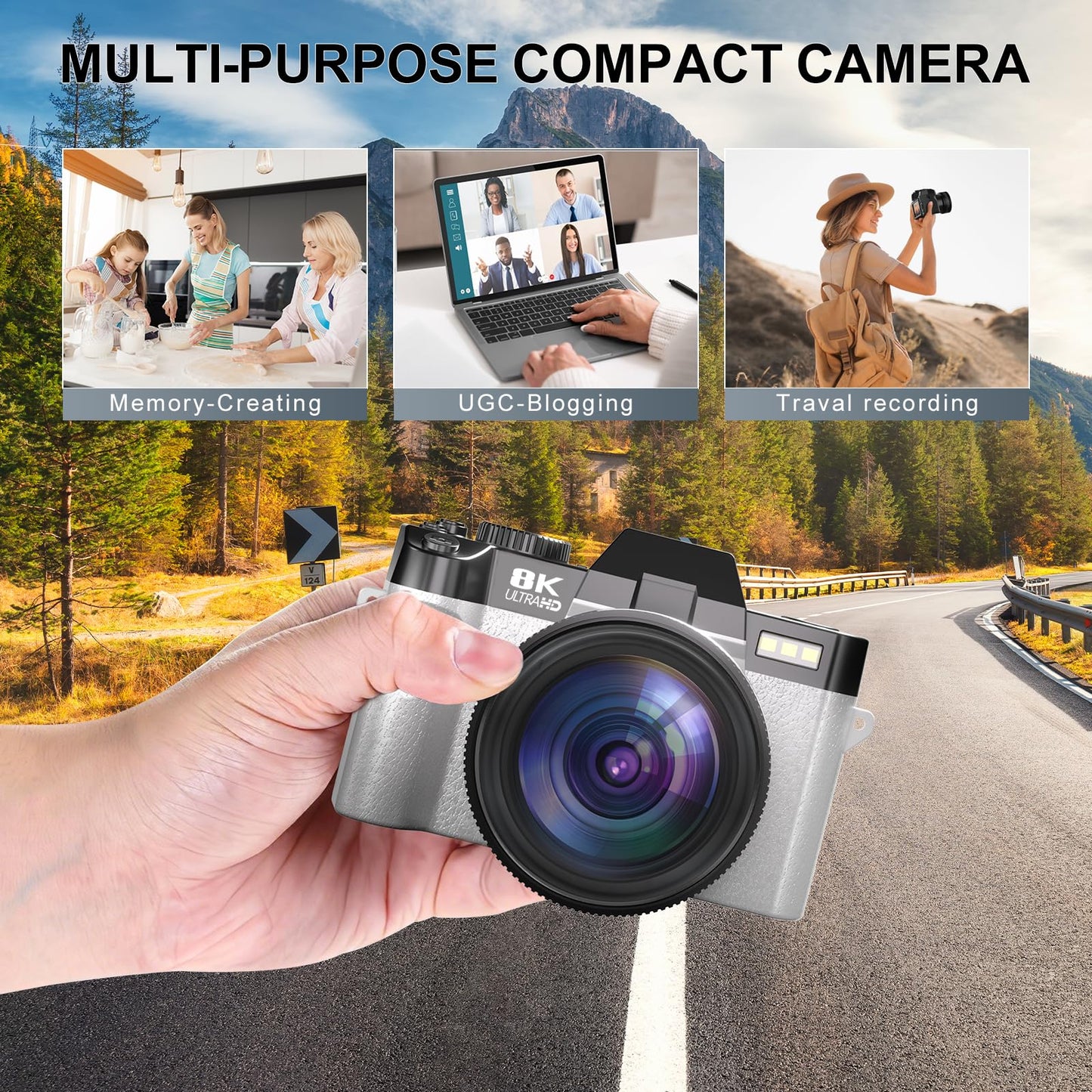 8K Digital Cameras for Photography, 64MP Vlogging Camera with 180°Flip Screen,2 Batteries, 64GB TF Card,16X Zoom, WiFi,Microphone, Wide & Macro Lens Kit (Black) (White)