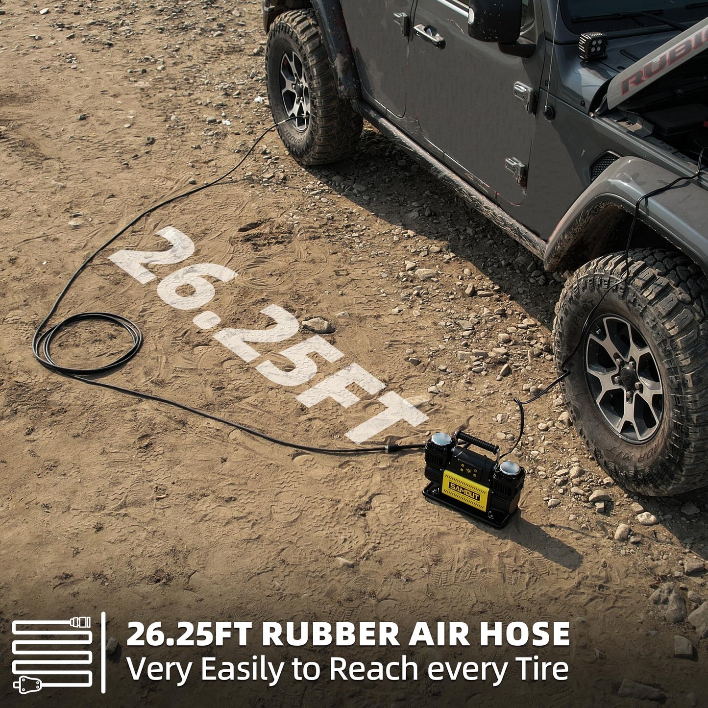 SAMOUT 12V Digital Air Compressor, Offroad Portable Inflator 12.3 CFM, Air Pump Max 150PSI for Heavy-Duty Tires, with LCD Control Panel to Preset Target Pressure, 4x4 Vehicle, SUV, RV