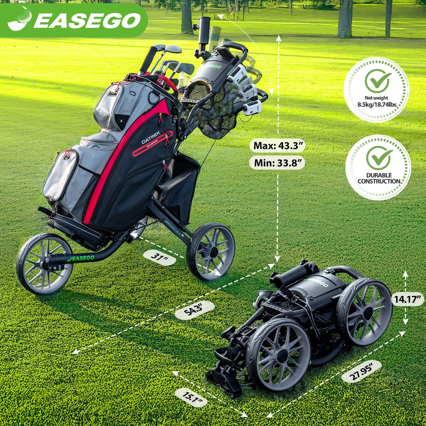EASEGO Golf Push Cart 3 Wheel : Golf Bag Cart Foldable with Phone/Cup/Umbrella Holder Compact Golf Pull Carts Quick Fold Golf Caddy Push Carts with Large Wheelbase for Different Terrain (Gray)