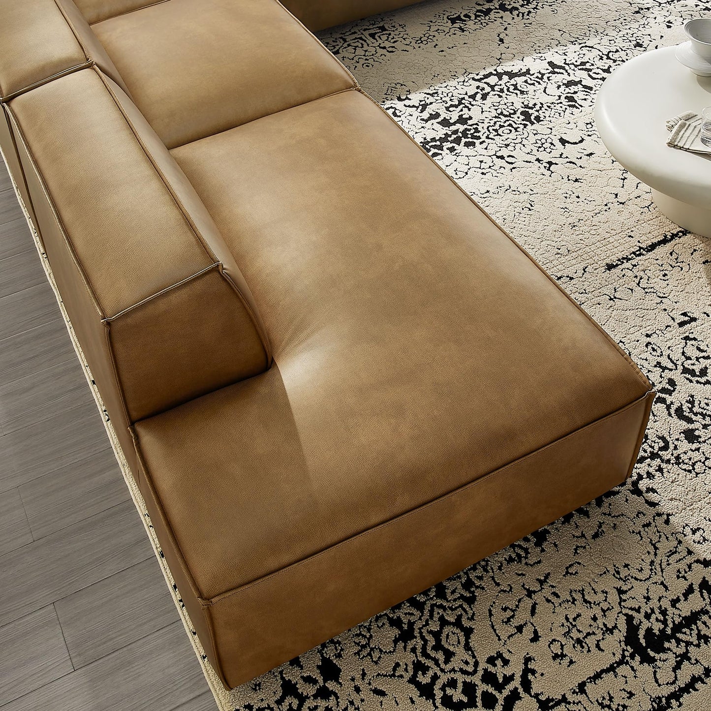 Modway Restore Faux Leather 4-Piece Modular L-Shaped Armless Sectional Sofa in Toast – Low Profile Vegan Leather Couch with Coil Seat Support and French Piping