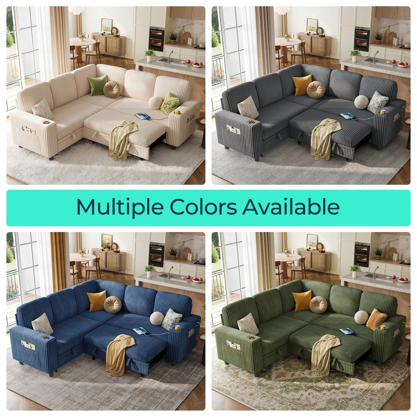 LINSY HOME Sectional Sofa with Pull Out Bed, 5 Seats Corduroy Reversible Sleeper Sofa with Storage Seats, USB Ports, Cup Holders, Side Pocket, Sectional Couches for Living Room