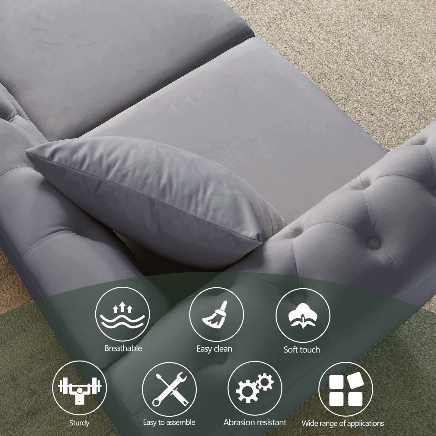 KEIKI Chesterfield Sofa, Retro Style Upholstered 3 Seater Velvet Couch with Rolled Arm for Living Room Bedroom Office Apartment, Grey