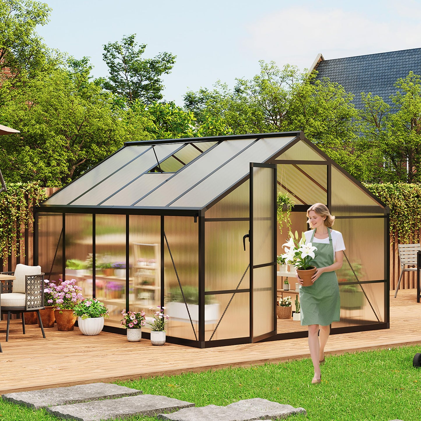 IDEALHOUSE 8×10 FT Greenhouse, Large Walk in Greenhouses for Outdoors and Garden Planting, Polycarbonate Greenhouse with Enhanced Aluminum Frame, Green Houses with Quick Setup Structure and Roof Vent