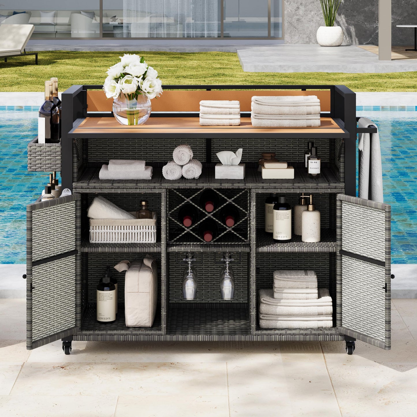 Trygoal Outdoor Grill Cart BBQ Prep Station, Double Tabletop Rolling Wicker Kitchen Island with 7 Adjustable Shelves & Wine Rack, Weather-Resistant Storage Cabinet for Patio Backyard Garden, Gray