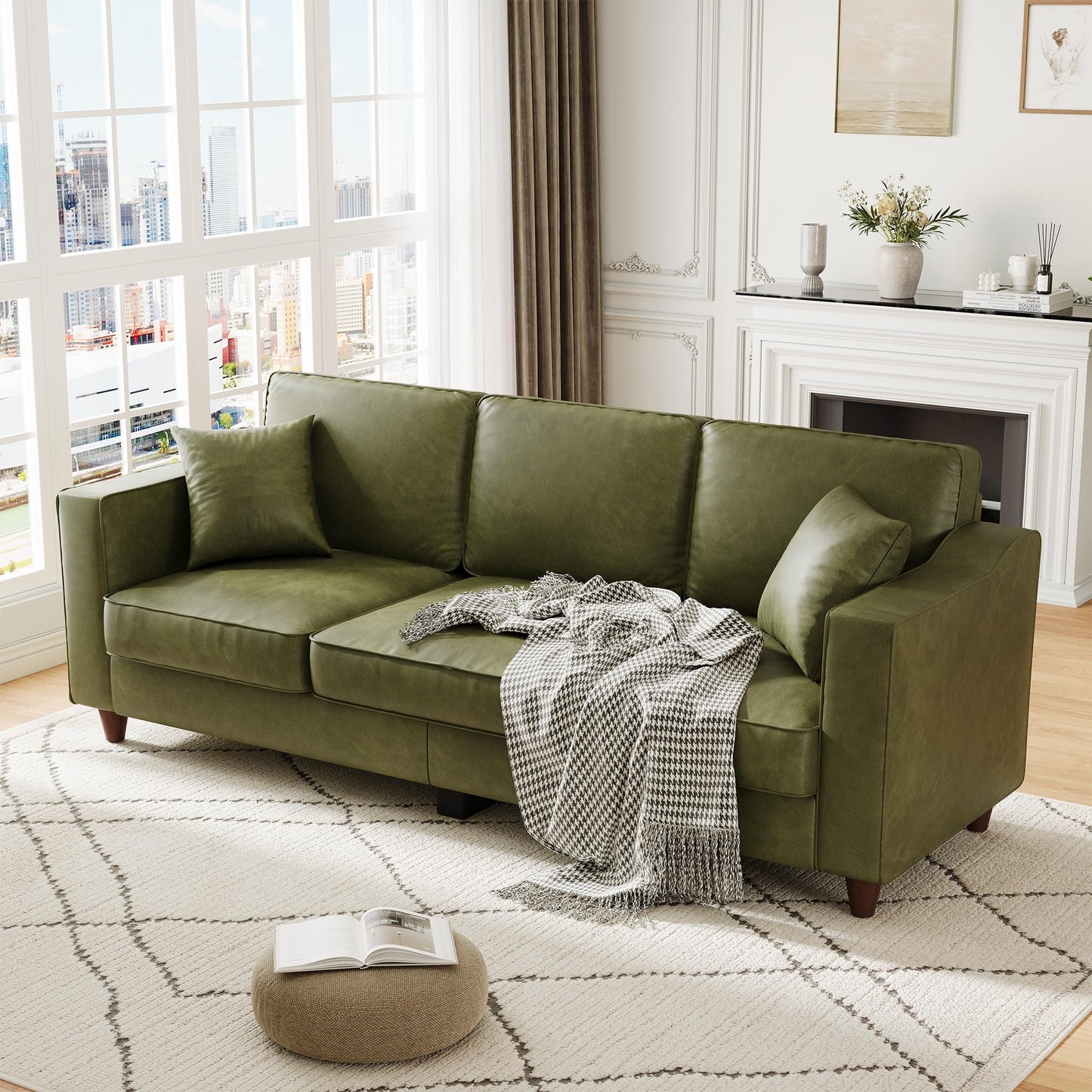 Garvee 85 Inches 3-Seater Sofa Couch with 2 Throw Pillows, Faux Leather Couch with Wide Armrests, Wood Legs, Deep Seats, Back Cushion, Sturdy Support Feet, Sofa Couches for Living Room, Olive Green
