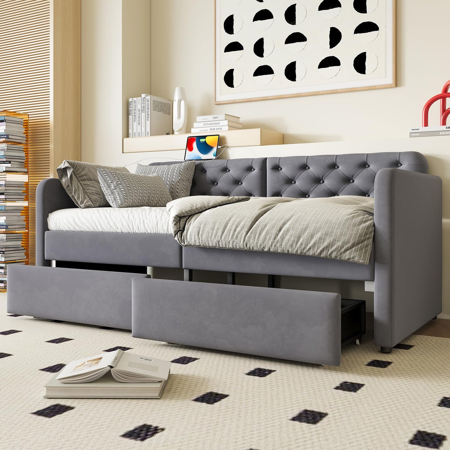 GDFStudio Twin Size Bed Frame with 2 Storage Drawers, Velvet Upholstered Twin Daybed with Headboard and Charging Station, Tufted Wood Platform Bed Frame, Solid Slats, No Box Spring Needed, Grey