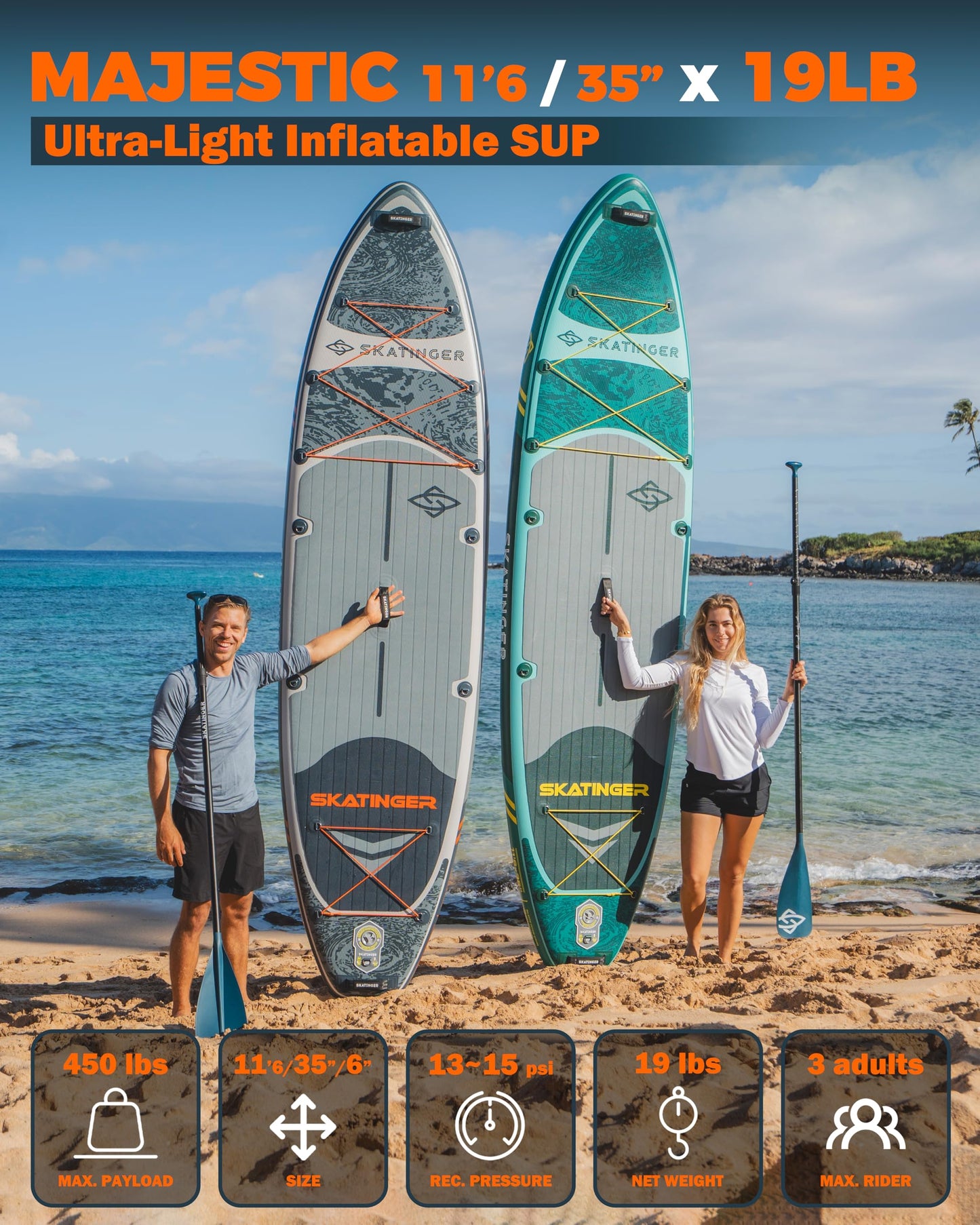 Skatinger 11'6Γ35" Super Wide Inflatable Paddle Board, Premium Woven Drop-Stitch Tech, 450lb/3 People/Family Paddle Board, Shoulder Strap, 100L Backpack, Ultra-Light, All-Round Sup Board