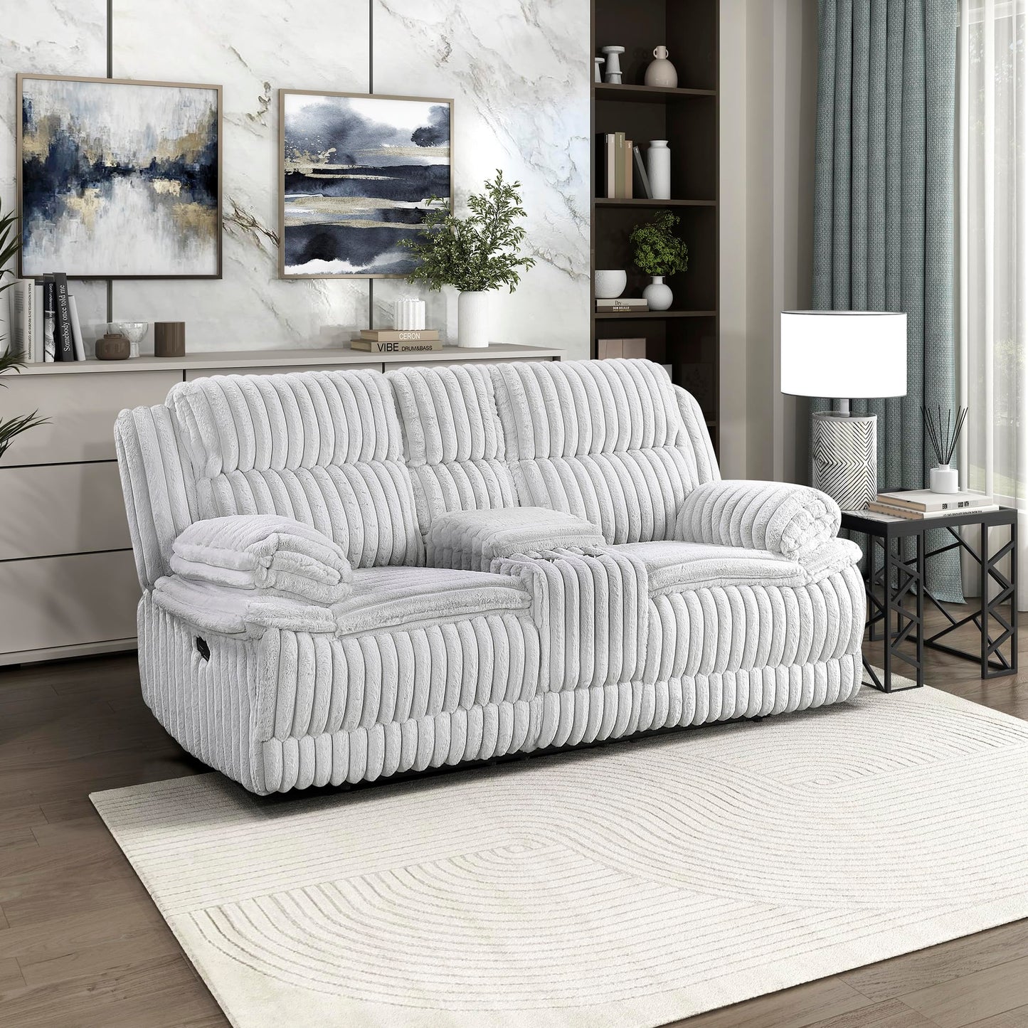 Lexicon Manual Double Reclining Loveseat with Center Console, Corduroy Manual Wall Hugger Recliner Couch, Pillow Top Arms, Cup Holders, Hidden Storage, Cozy Loveseat for Living Room, Gray