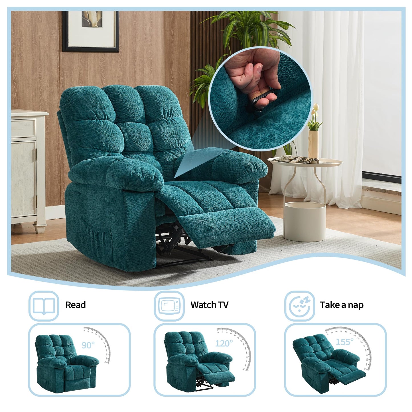 21.2'' Manual Recliner Chair,Ergonomic Overstuffed Breathable Fabric Reclining Chair with Side Pockets,Q235 Steel Frame Lazy Boy Recliner Single Sofa for Living Room Bedroom